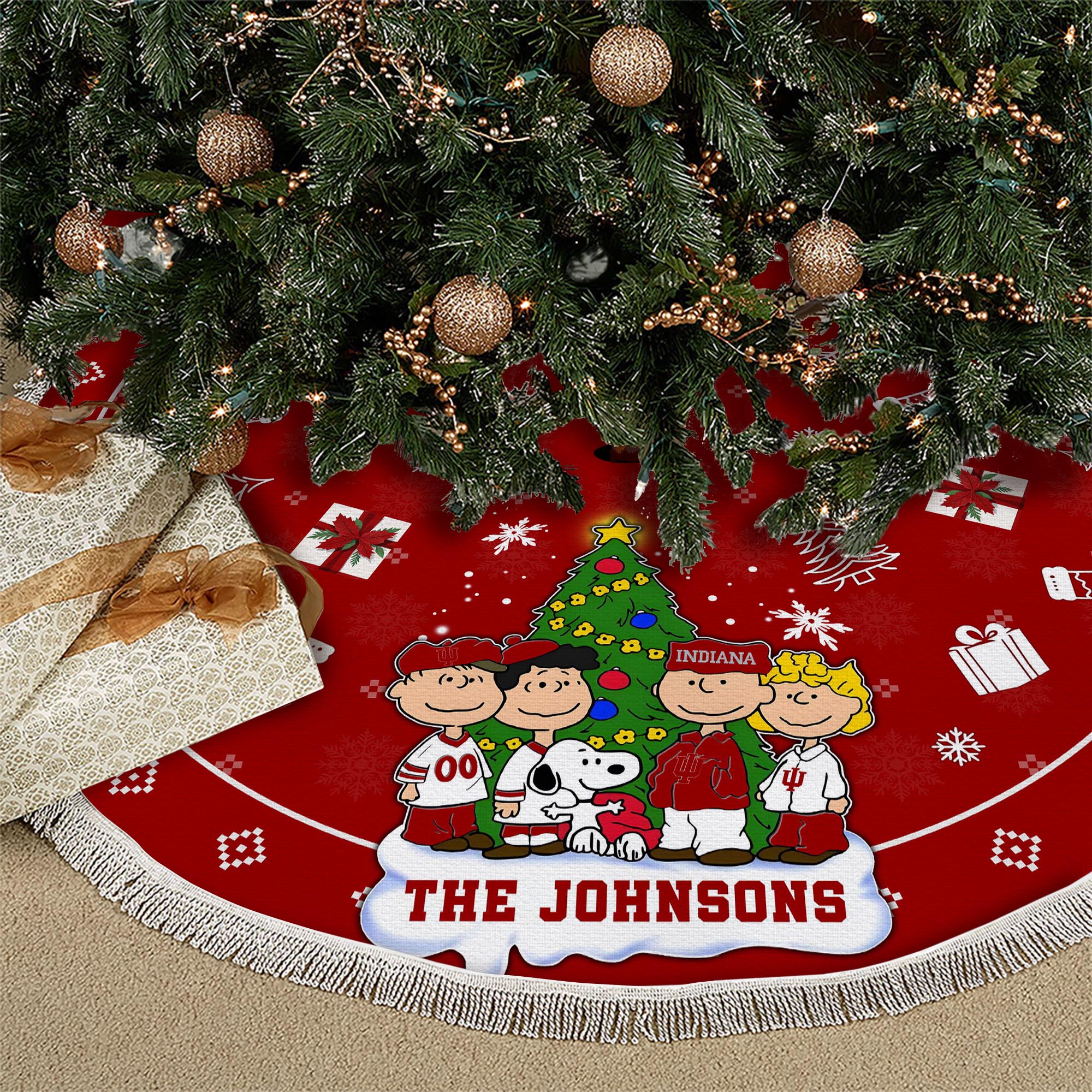 Indiana Hoosiers Tree Skirt Bordered Custom Family Name 2024 Version, Christmas Tree Skirt For Sport Fans, Christmas Decorations EHIVM-62777