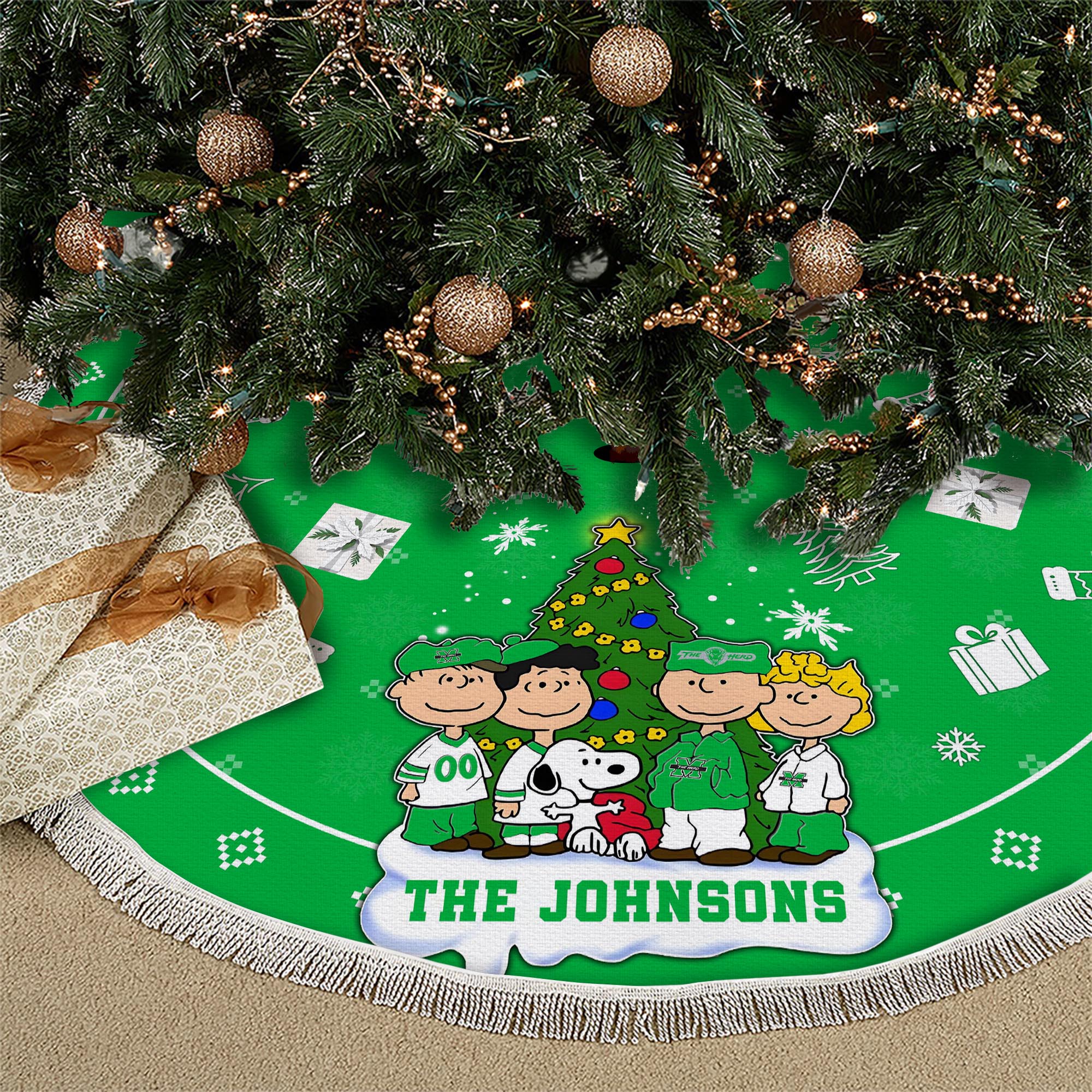 Marshall Thundering Herd Tree Skirt Bordered Custom Family Name 2024 Version, Christmas Tree Skirt For Sport Fans, Christmas Decorations EHIVM-62777