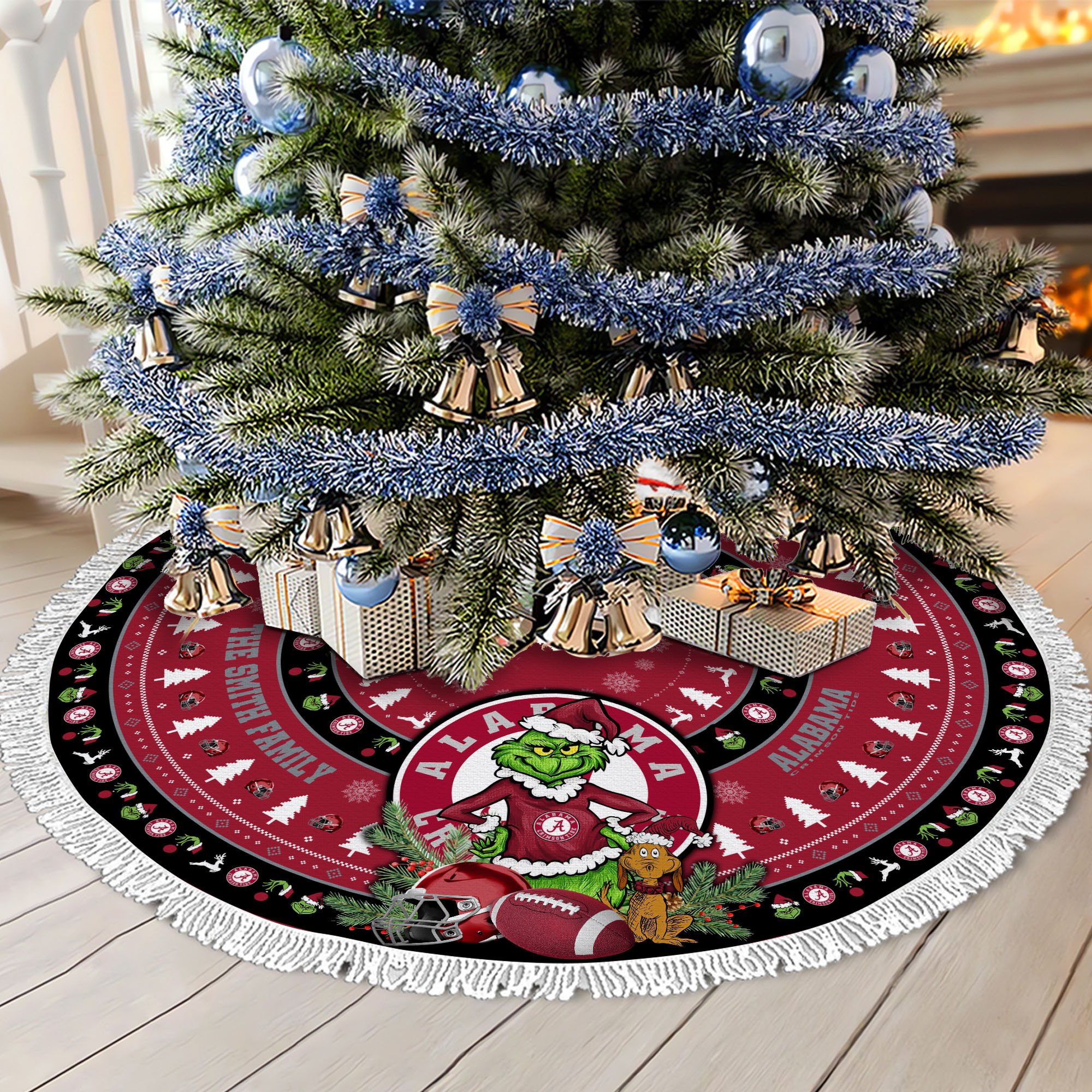 Alabama Crimson Tide Tree Skirt Bordered Custom Family Name 2024 Version, Christmas Tree Skirt For Sport Fans, Christmas Decorations EHIVM-62779