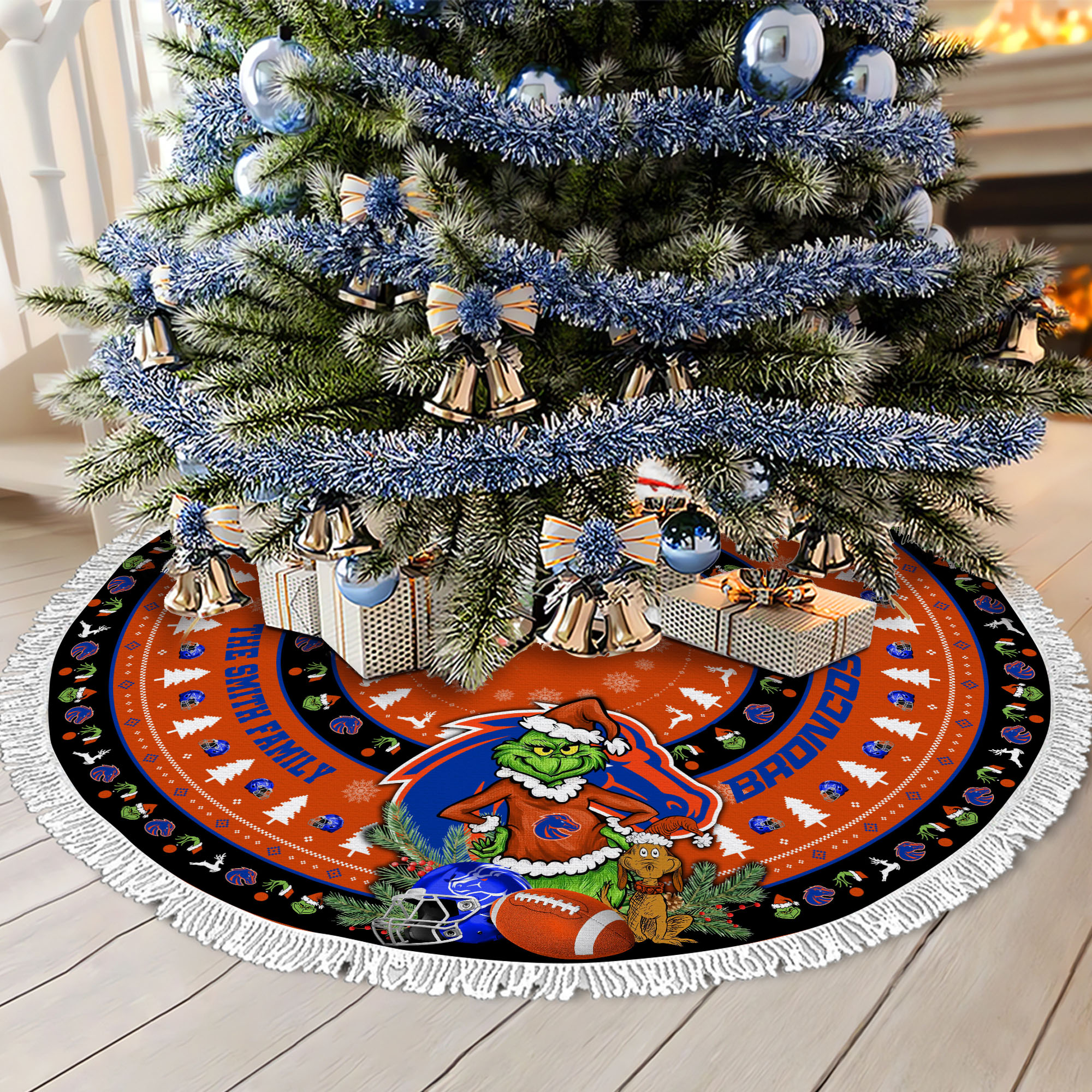 Boise State Broncos Tree Skirt Bordered Custom Family Name 2024 Version, Christmas Tree Skirt For Sport Fans, Christmas Decorations EHIVM-62779