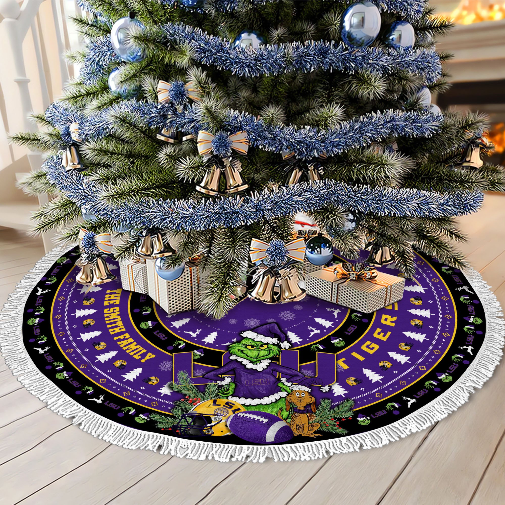 LSU TIGERS Tree Skirt Bordered Custom Family Name 2024 Version, Christmas Tree Skirt For Sport Fans, Christmas Decorations EHIVM-62779