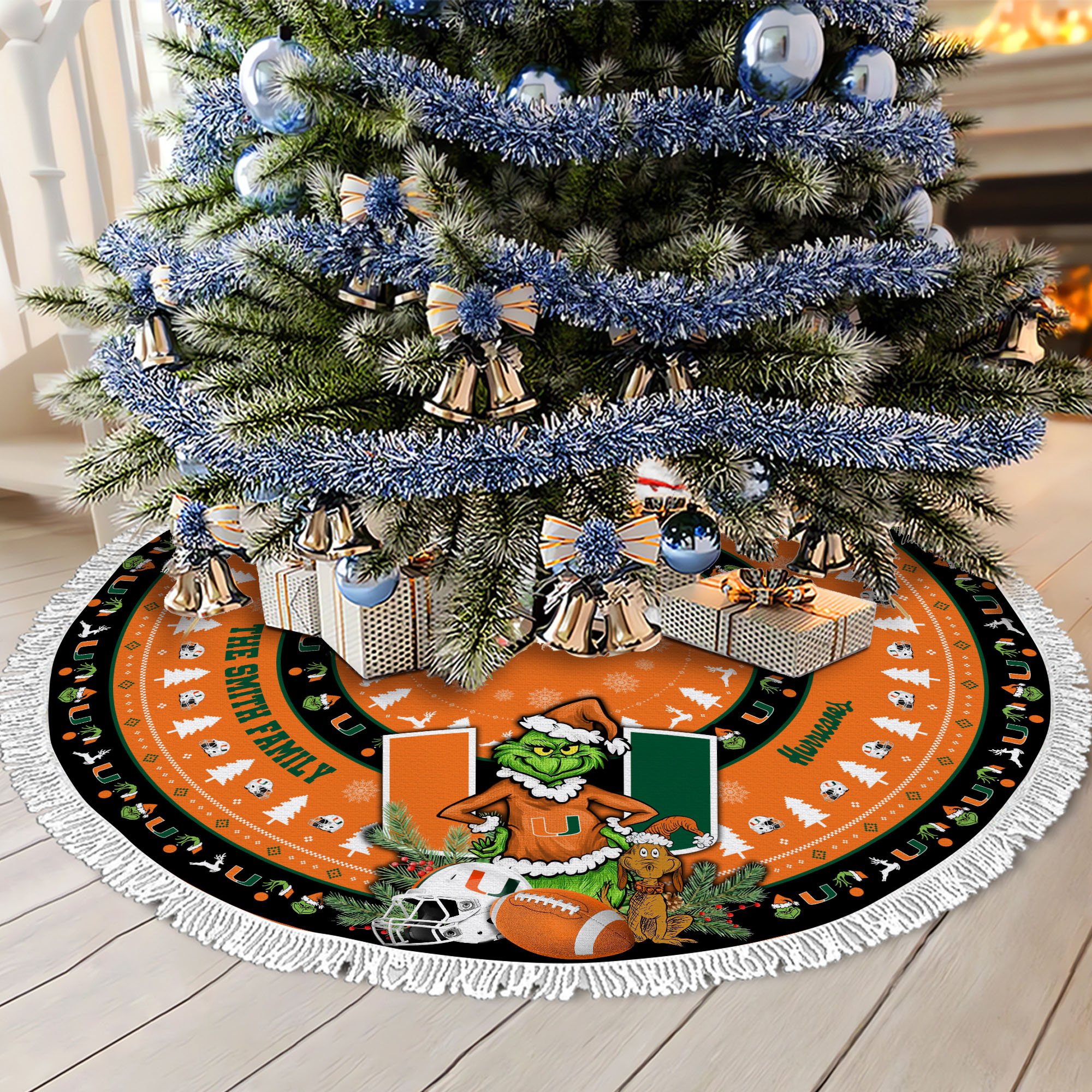 Miami Hurricanes Tree Skirt Bordered Custom Family Name 2024 Version, Christmas Tree Skirt For Sport Fans, Christmas Decorations EHIVM-62779