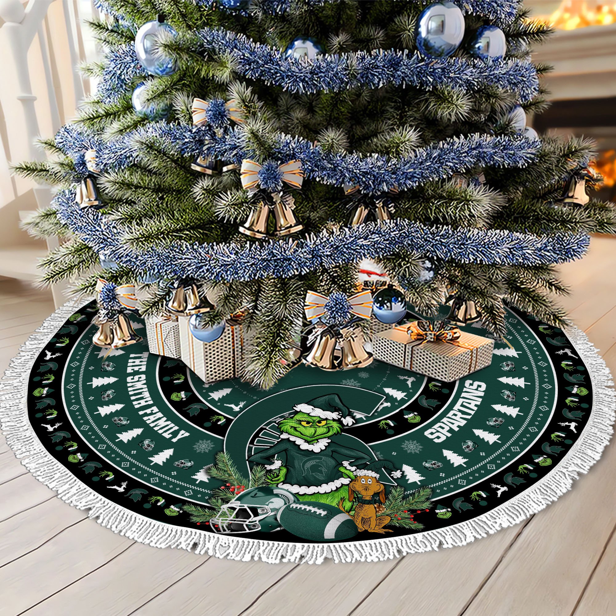 Michigan State Spartans Tree Skirt Bordered Custom Family Name 2024 Version, Christmas Tree Skirt For Sport Fans, Christmas Decorations EHIVM-62779