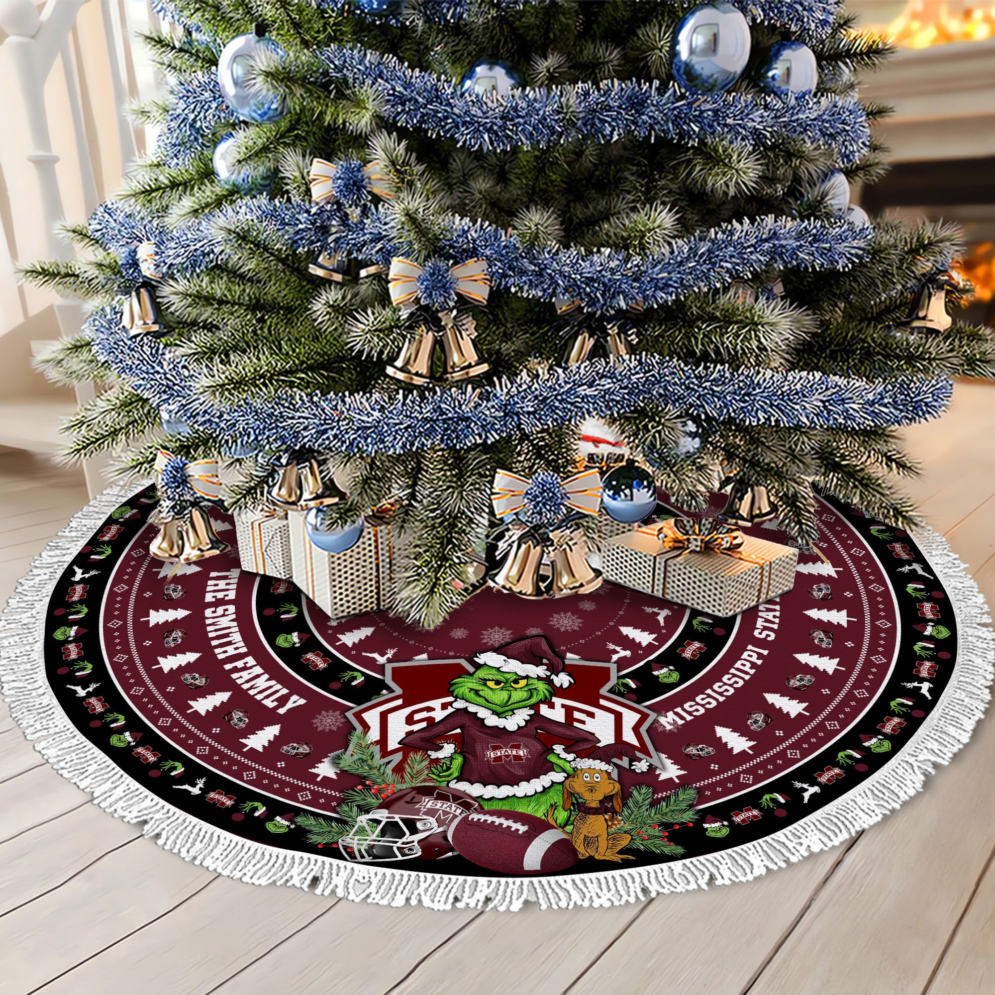 Mississippi State Bulldogs Tree Skirt Bordered Custom Family Name 2024 Version, Christmas Tree Skirt For Sport Fans, Christmas Decorations EHIVM-62779