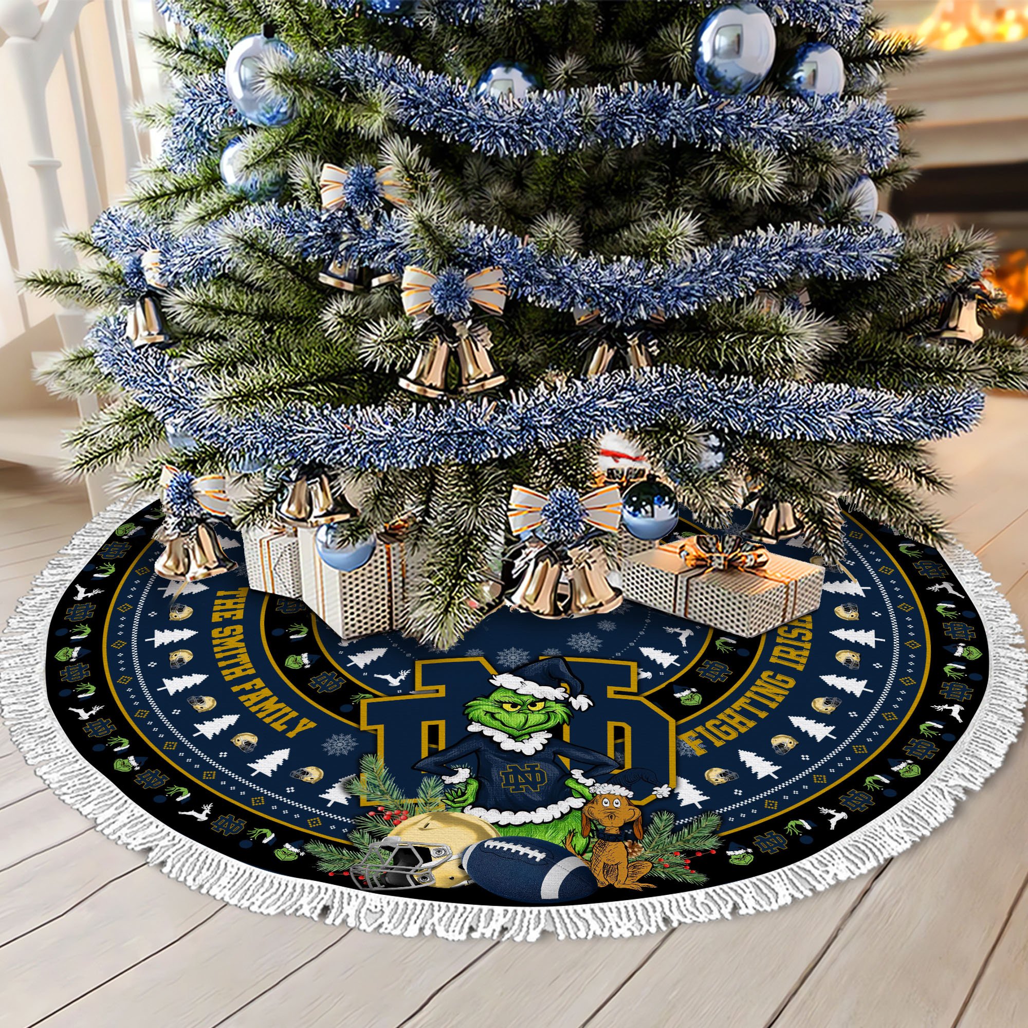 Notre Dame Fighting Irish Tree Skirt Bordered Custom Family Name 2024 Version, Christmas Tree Skirt For Sport Fans, Christmas Decorations EHIVM-62779