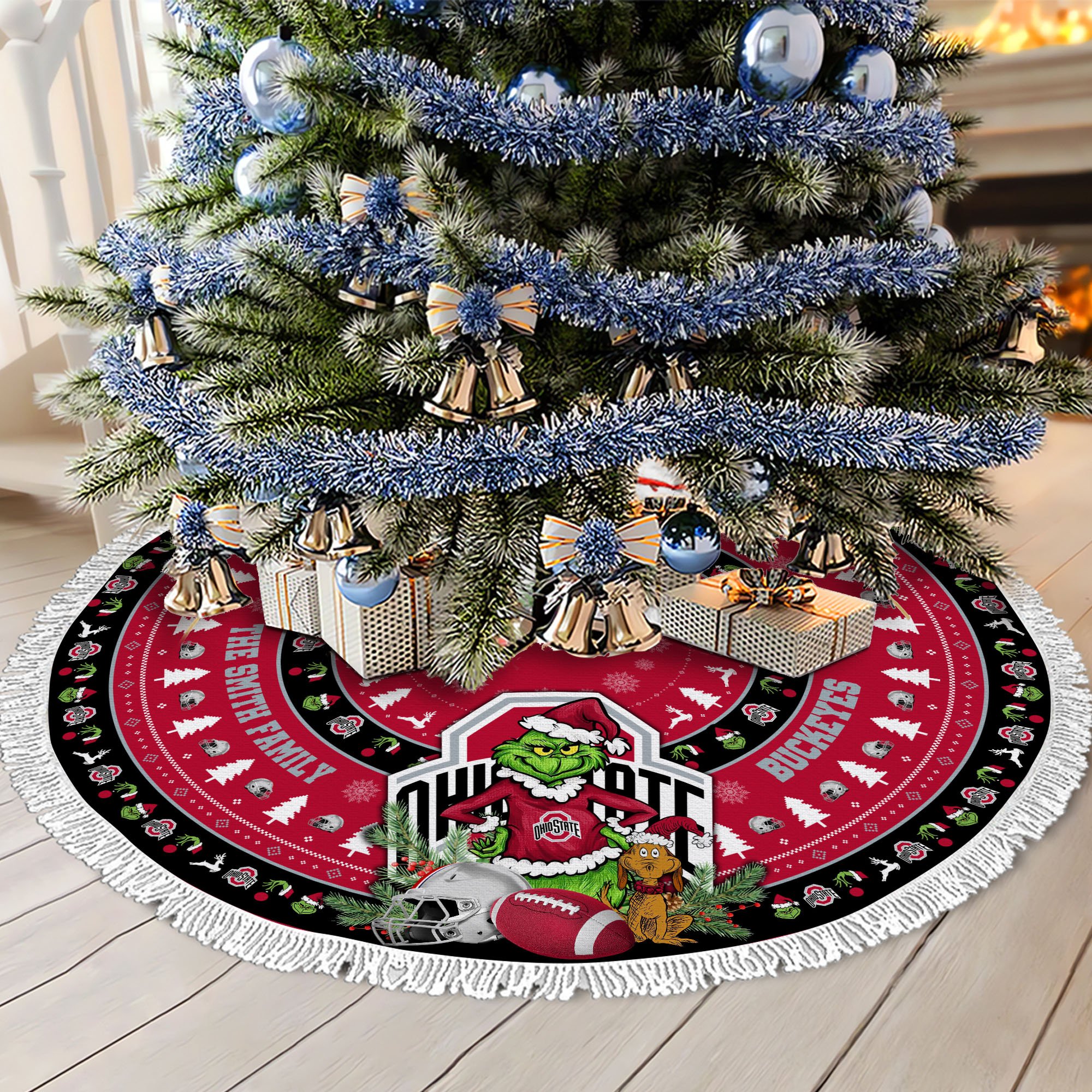 Ohio State Buckeyes Tree Skirt Bordered Custom Family Name 2024 Version, Christmas Tree Skirt For Sport Fans, Christmas Decorations EHIVM-62779