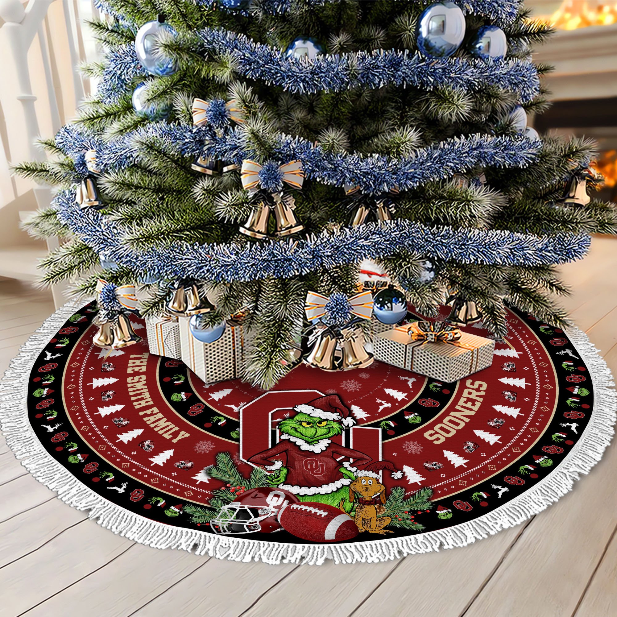 Oklahoma Sooners Tree Skirt Bordered Custom Family Name 2024 Version, Christmas Tree Skirt For Sport Fans, Christmas Decorations EHIVM-62779