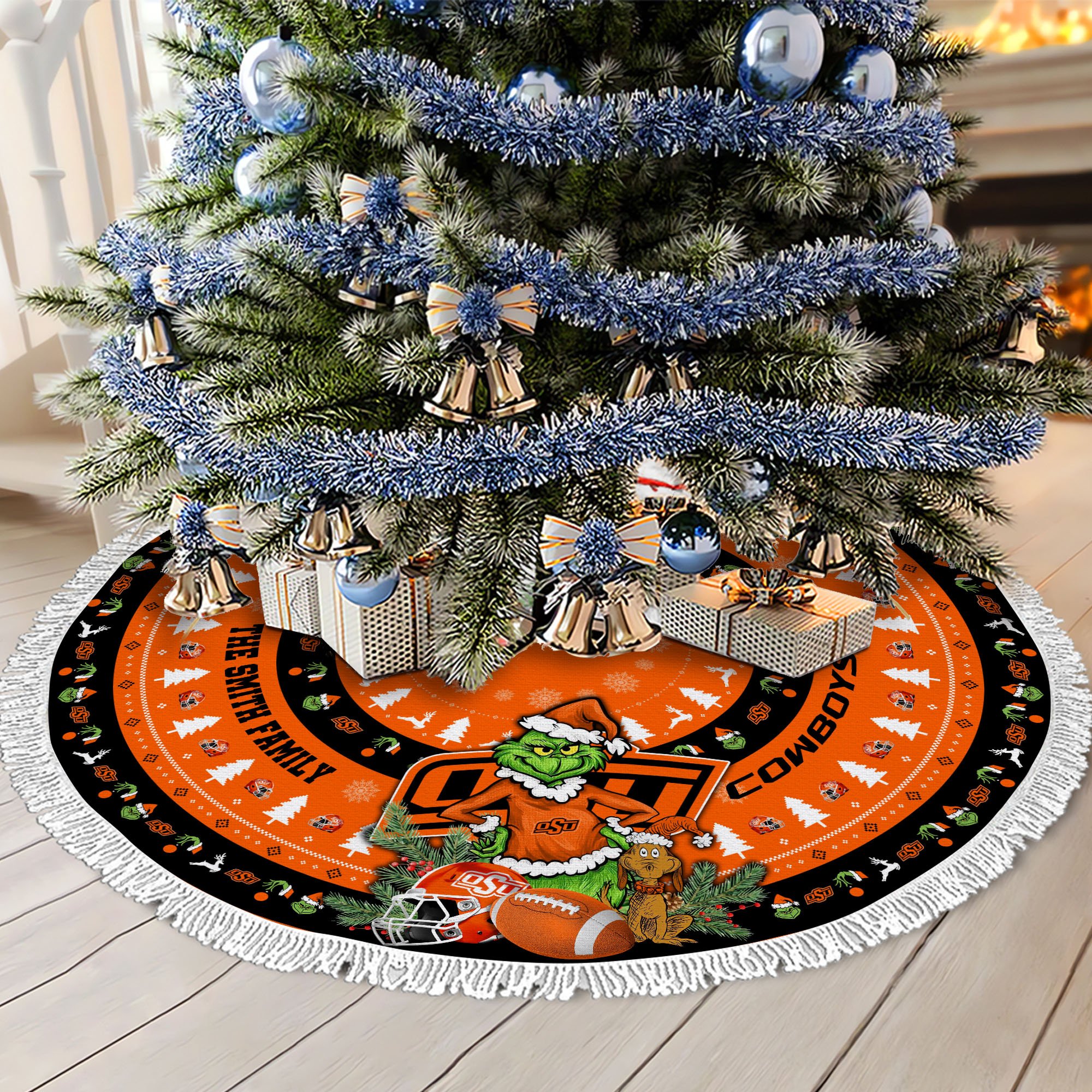 Oklahoma State Cowboys Tree Skirt Bordered Custom Family Name 2024 Version, Christmas Tree Skirt For Sport Fans, Christmas Decorations EHIVM-62779