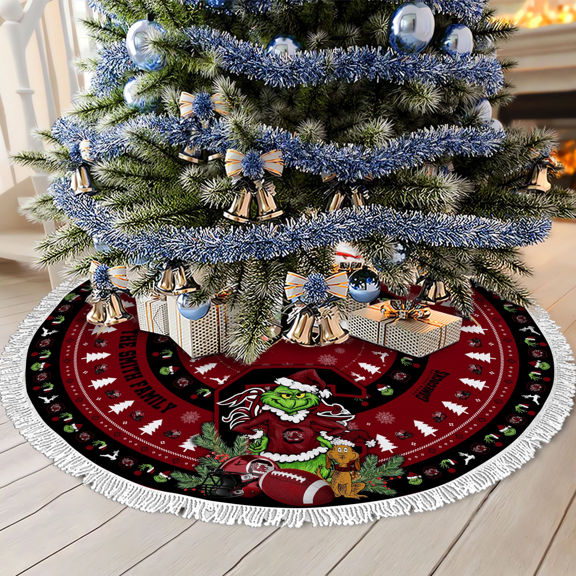 South Carolina Gamecocks Tree Skirt Bordered Custom Family Name 2024 Version, Christmas Tree Skirt For Sport Fans, Christmas Decorations EHIVM-62779