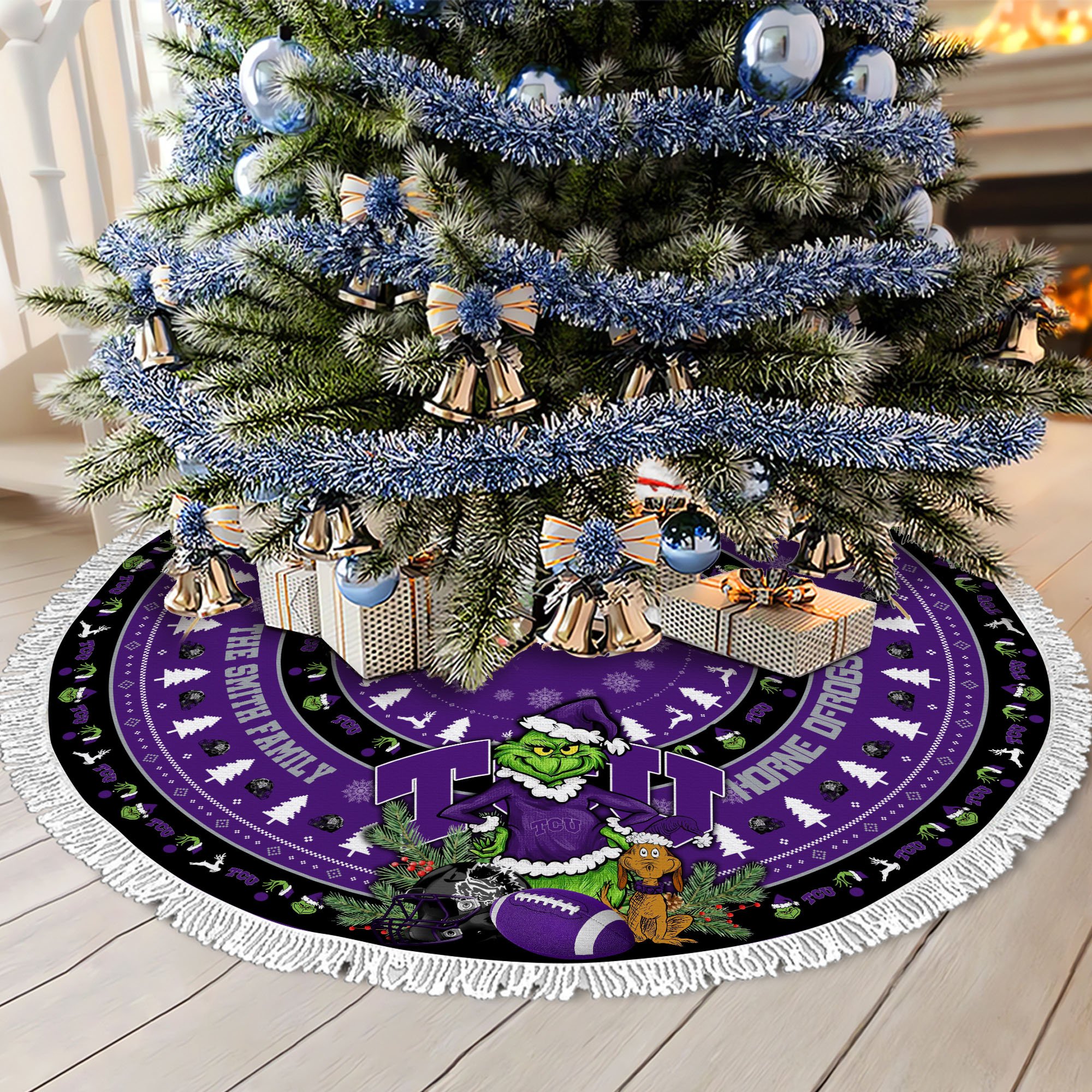 TCU Horned Frogs Tree Skirt Bordered Custom Family Name 2024 Version, Christmas Tree Skirt For Sport Fans, Christmas Decorations EHIVM-62779