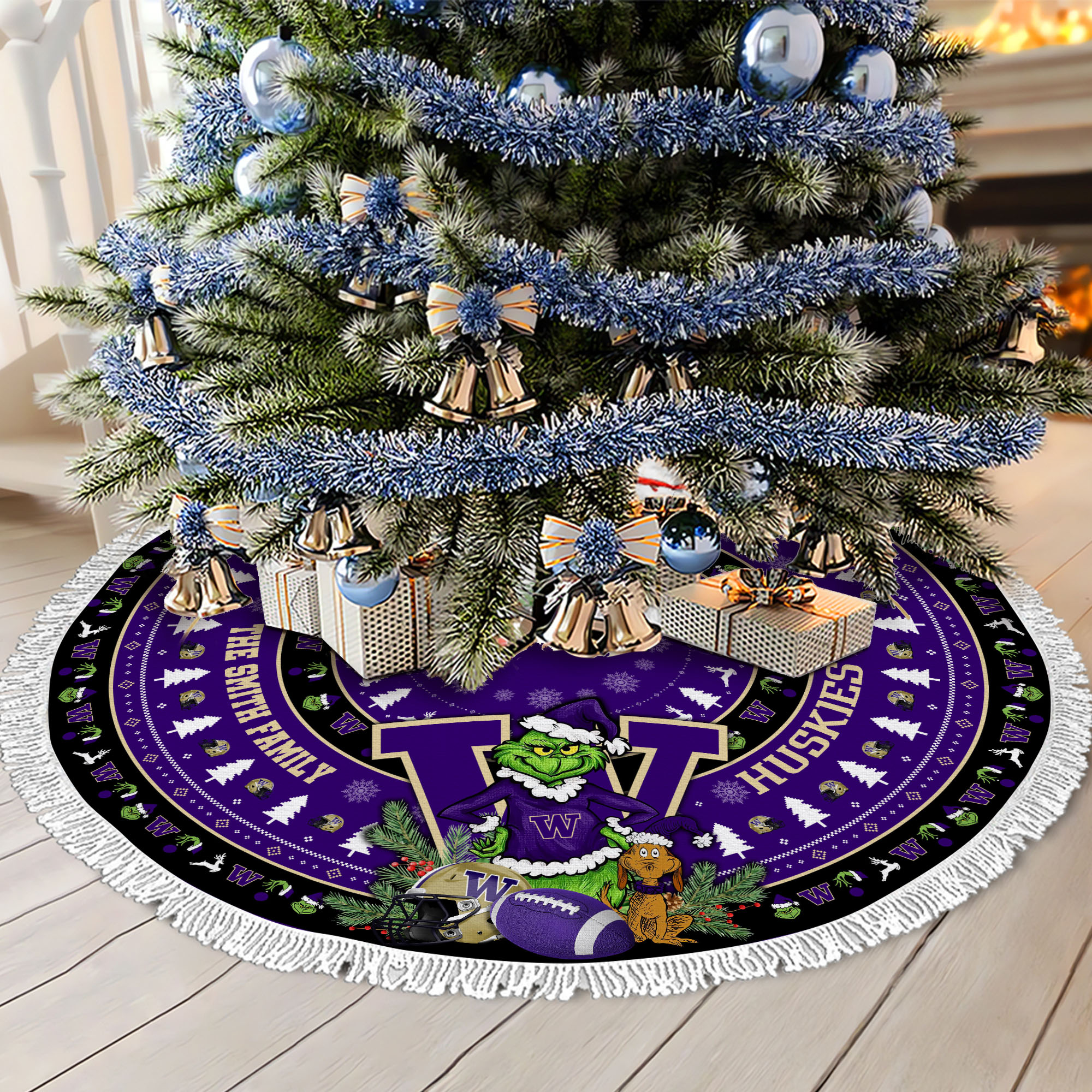 Washington Huskies Tree Skirt Bordered Custom Family Name 2024 Version, Christmas Tree Skirt For Sport Fans, Christmas Decorations EHIVM-62779