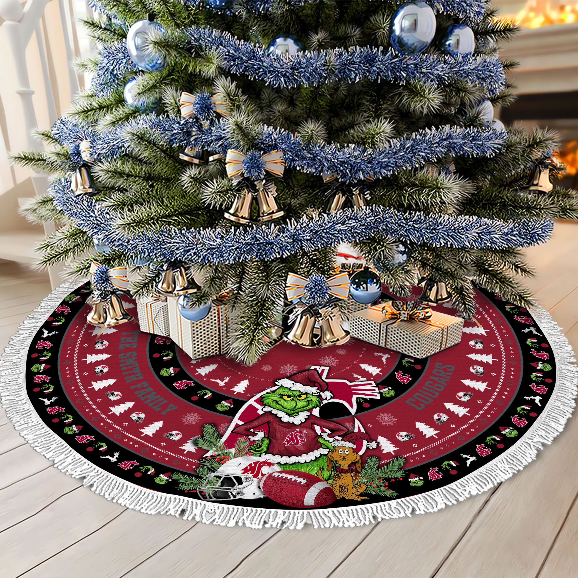 Washington State Cougars Tree Skirt Bordered Custom Family Name 2024 Version, Christmas Tree Skirt For Sport Fans, Christmas Decorations EHIVM-62779