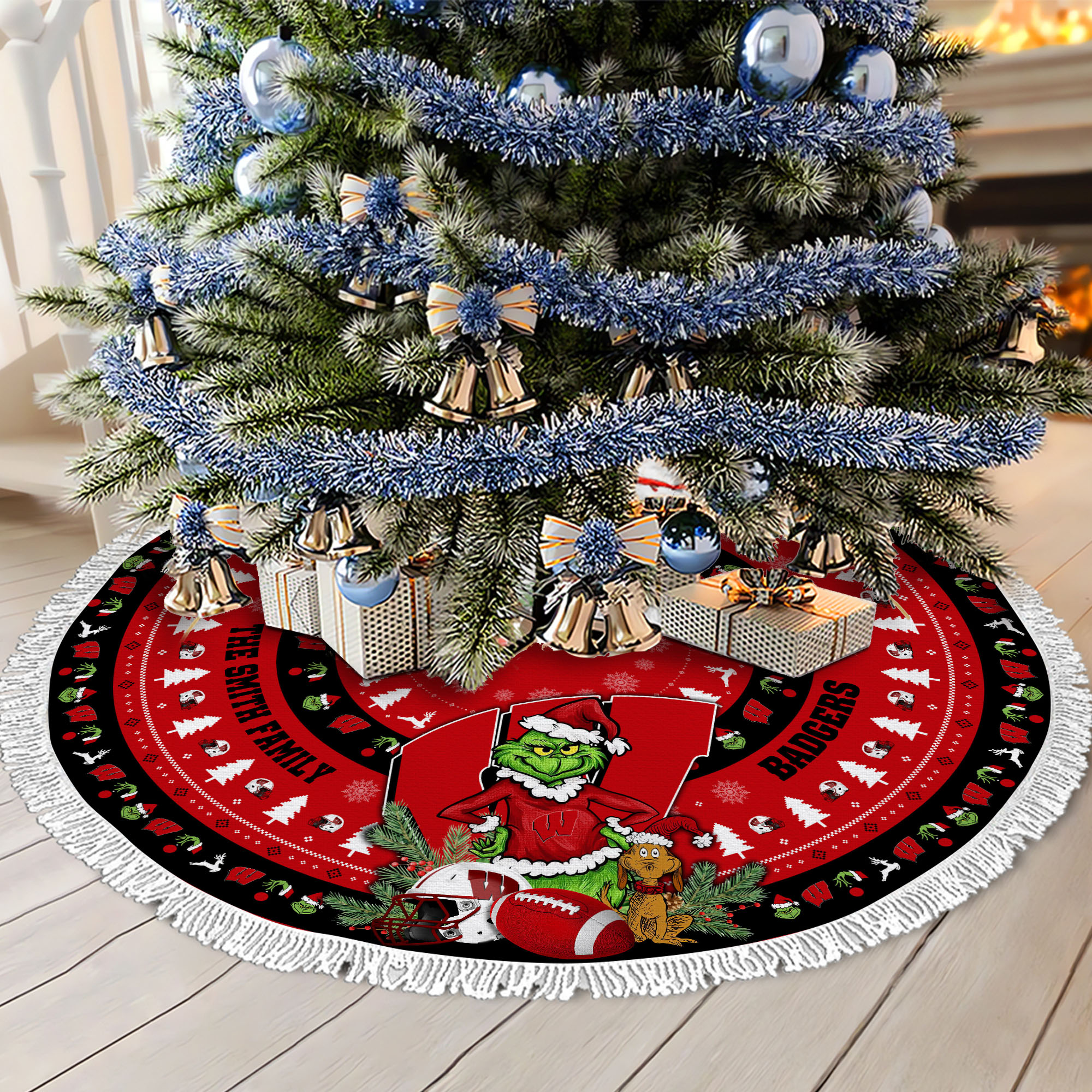 Wisconsin Badgers Tree Skirt Bordered Custom Family Name 2024 Version, Christmas Tree Skirt For Sport Fans, Christmas Decorations EHIVM-62779