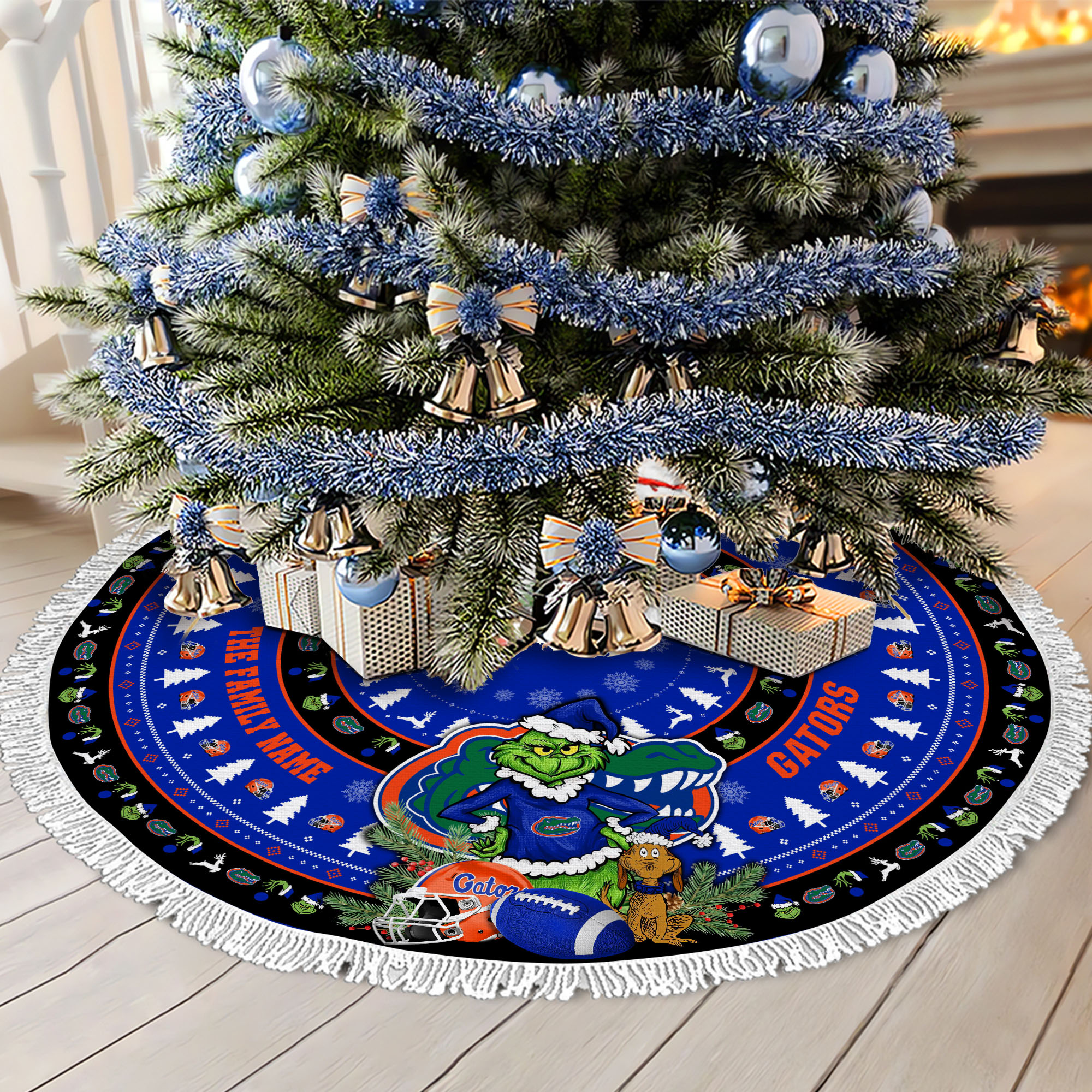 Florida Gators Tree Skirt Bordered Custom Family Name 2024 Version, Christmas Tree Skirt For Sport Fans, Christmas Decorations EHIVM-62779