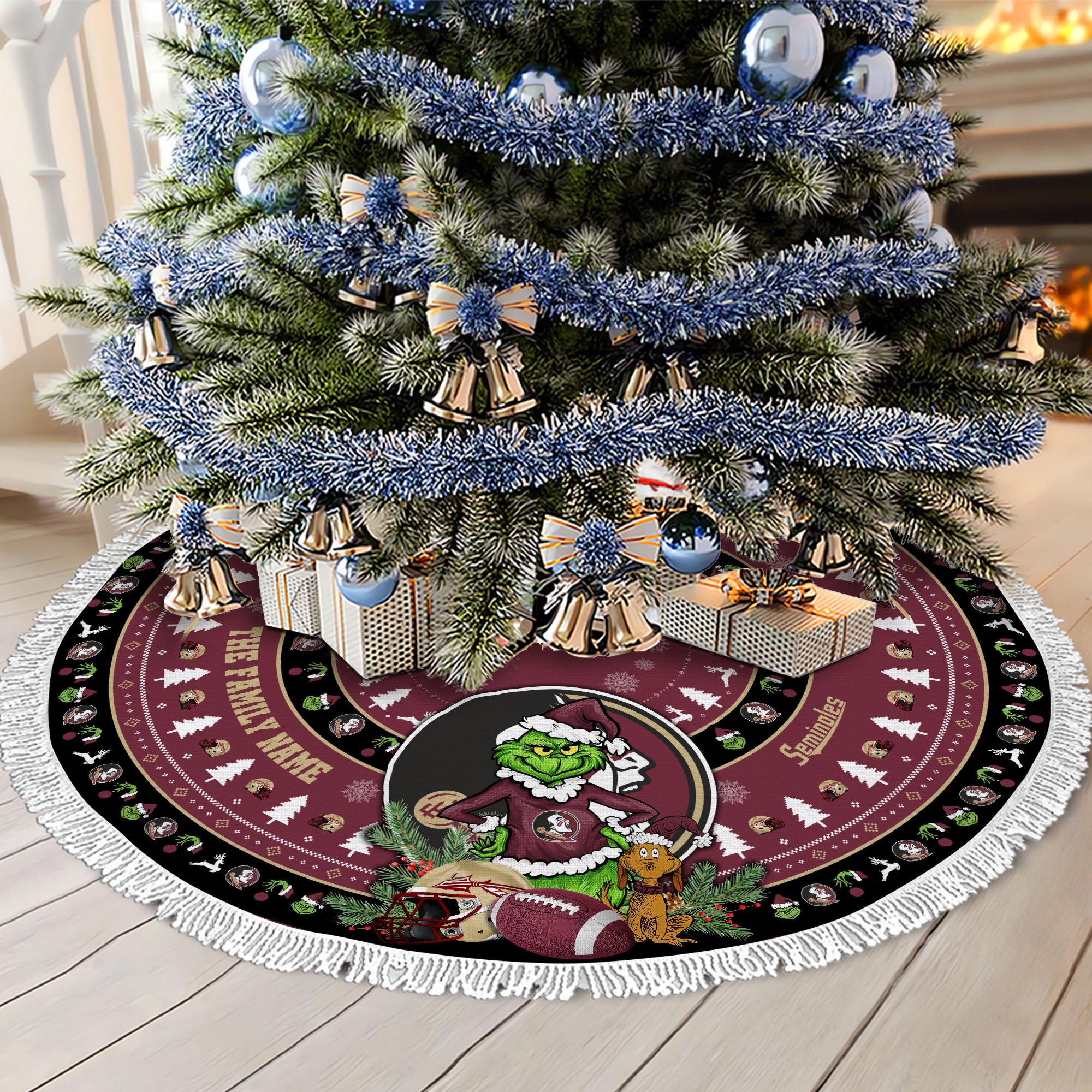 Florida State Seminoles Tree Skirt Bordered Custom Family Name 2024 Version, Christmas Tree Skirt For Sport Fans, Christmas Decorations EHIVM-62779