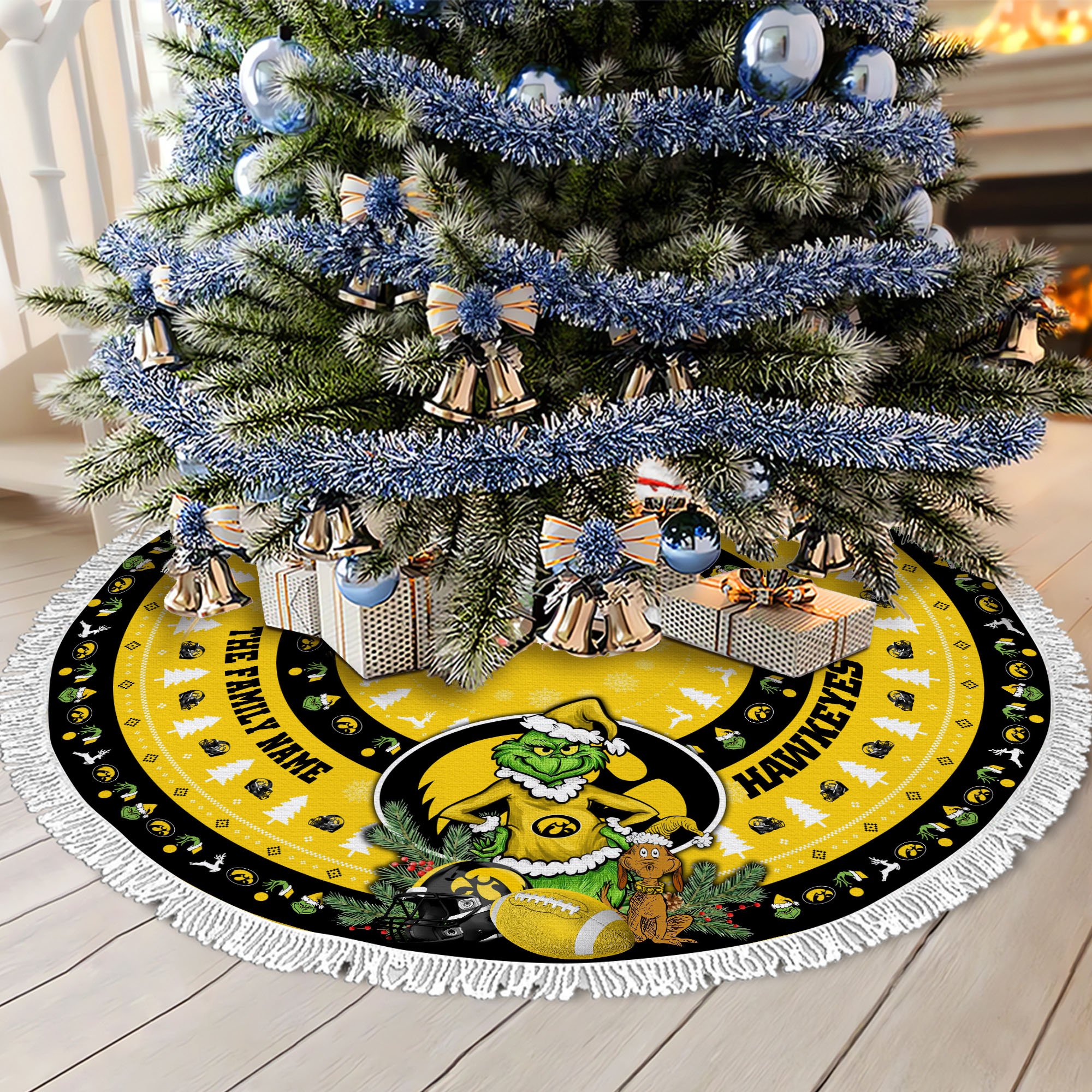 Iowa Hawkeyes Tree Skirt Bordered Custom Family Name 2024 Version, Christmas Tree Skirt For Sport Fans, Christmas Decorations EHIVM-62779