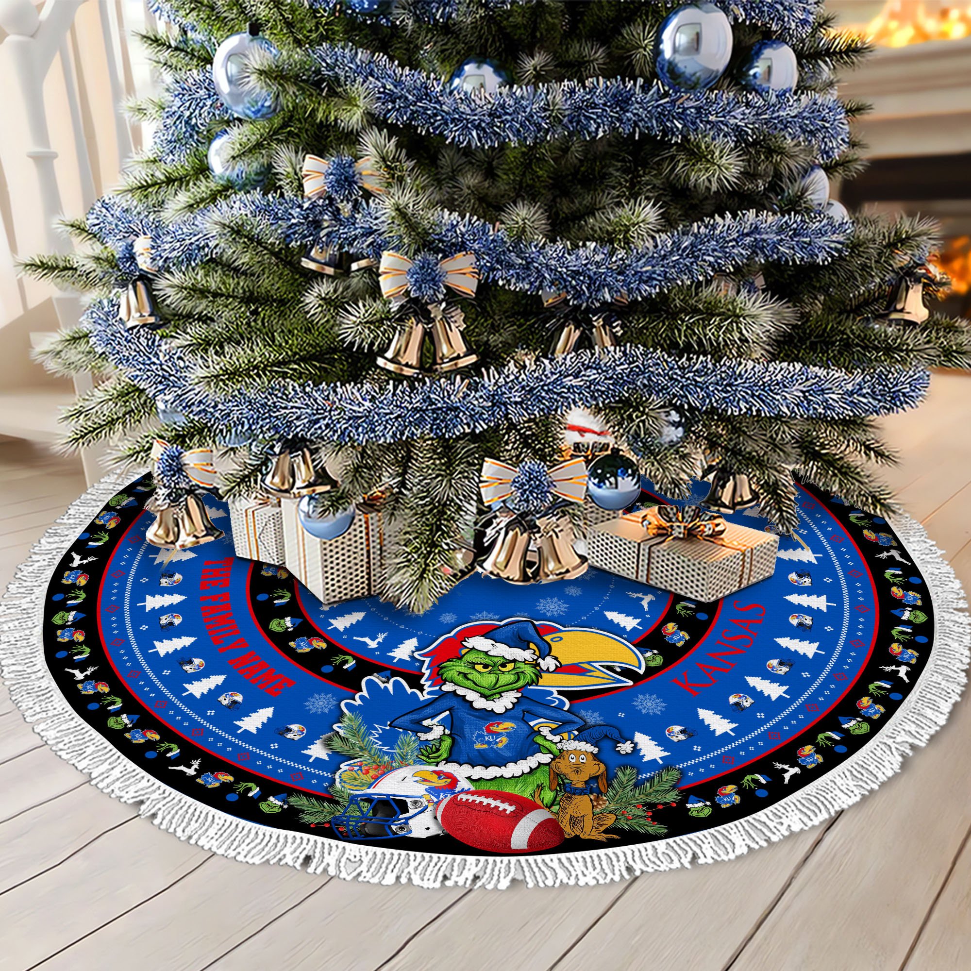 Kansas Jayhawks Tree Skirt Bordered Custom Family Name 2024 Version, Christmas Tree Skirt For Sport Fans, Christmas Decorations EHIVM-62779