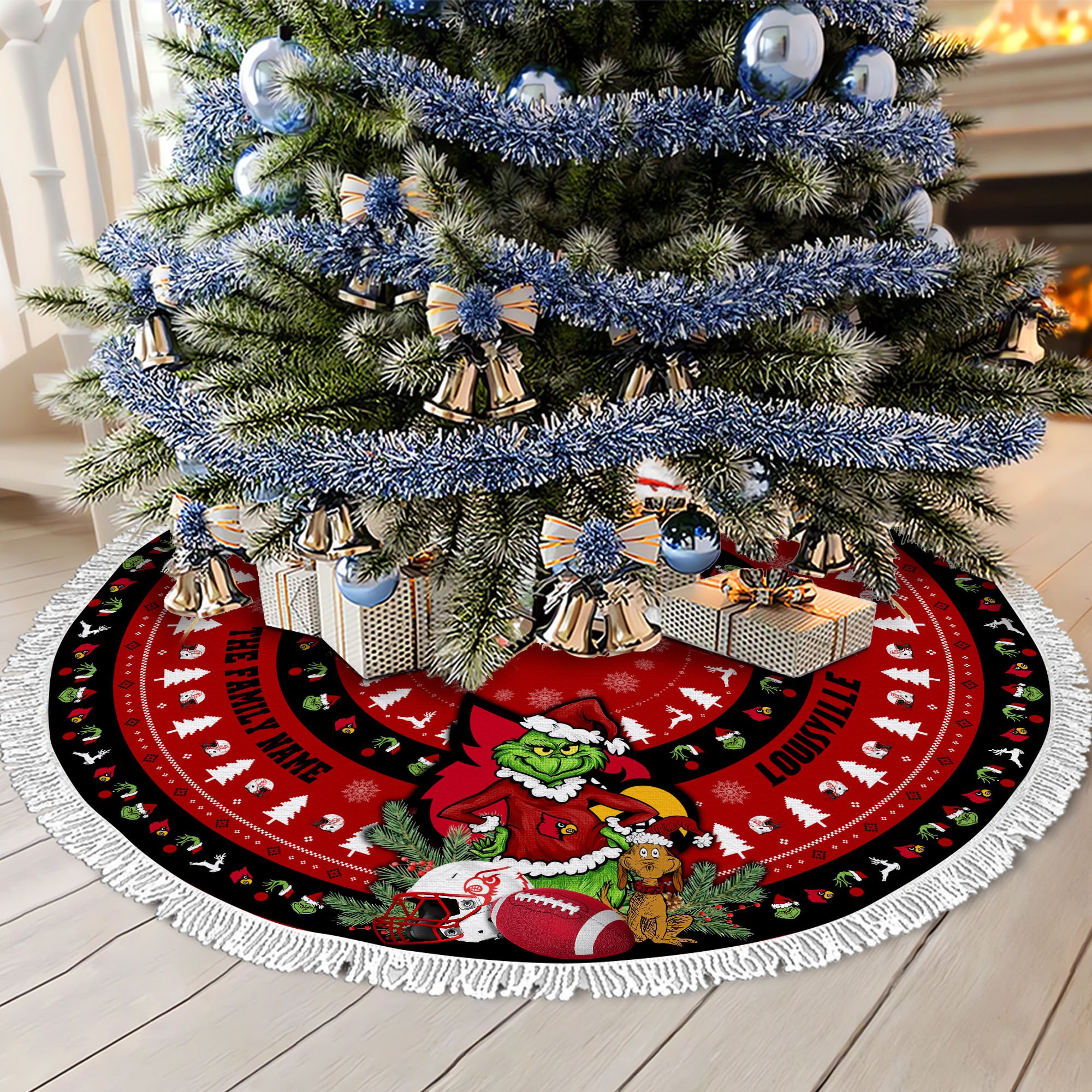 Louisville Cardinals Tree Skirt Bordered Custom Family Name 2024 Version, Christmas Tree Skirt For Sport Fans, Christmas Decorations EHIVM-62779