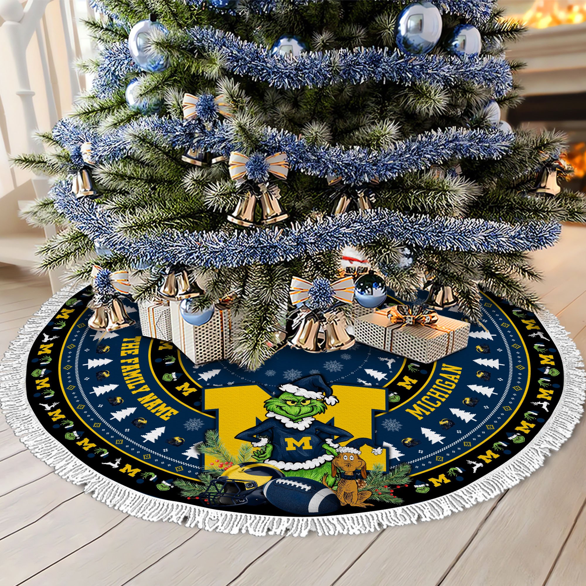 Michigan Wolverines Tree Skirt Bordered Custom Family Name 2024 Version, Christmas Tree Skirt For Sport Fans, Christmas Decorations EHIVM-62779