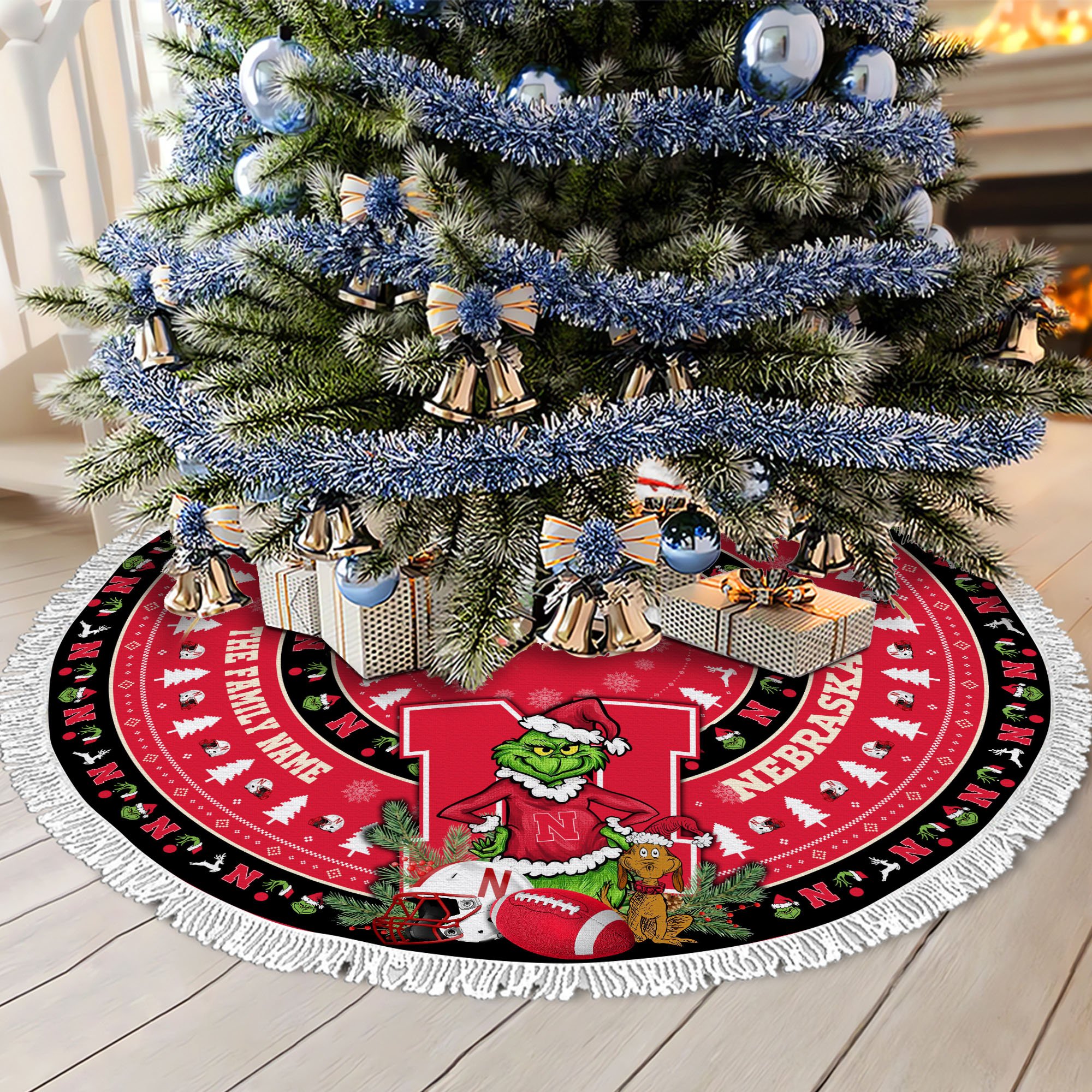 Nebraska Cornhuskers Tree Skirt Bordered Custom Family Name 2024 Version, Christmas Tree Skirt For Sport Fans, Christmas Decorations EHIVM-62779