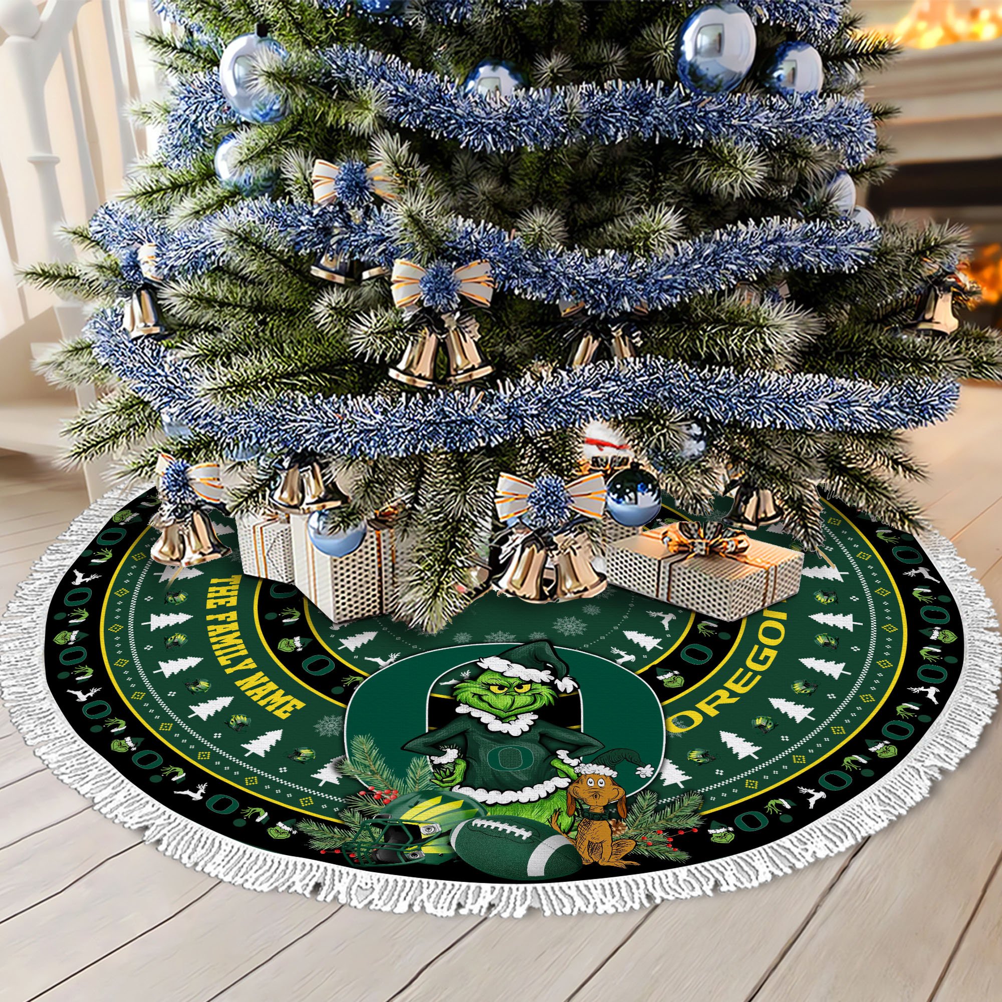 Oregon Ducks Tree Skirt Bordered Custom Family Name 2024 Version, Christmas Tree Skirt For Sport Fans, Christmas Decorations EHIVM-62779