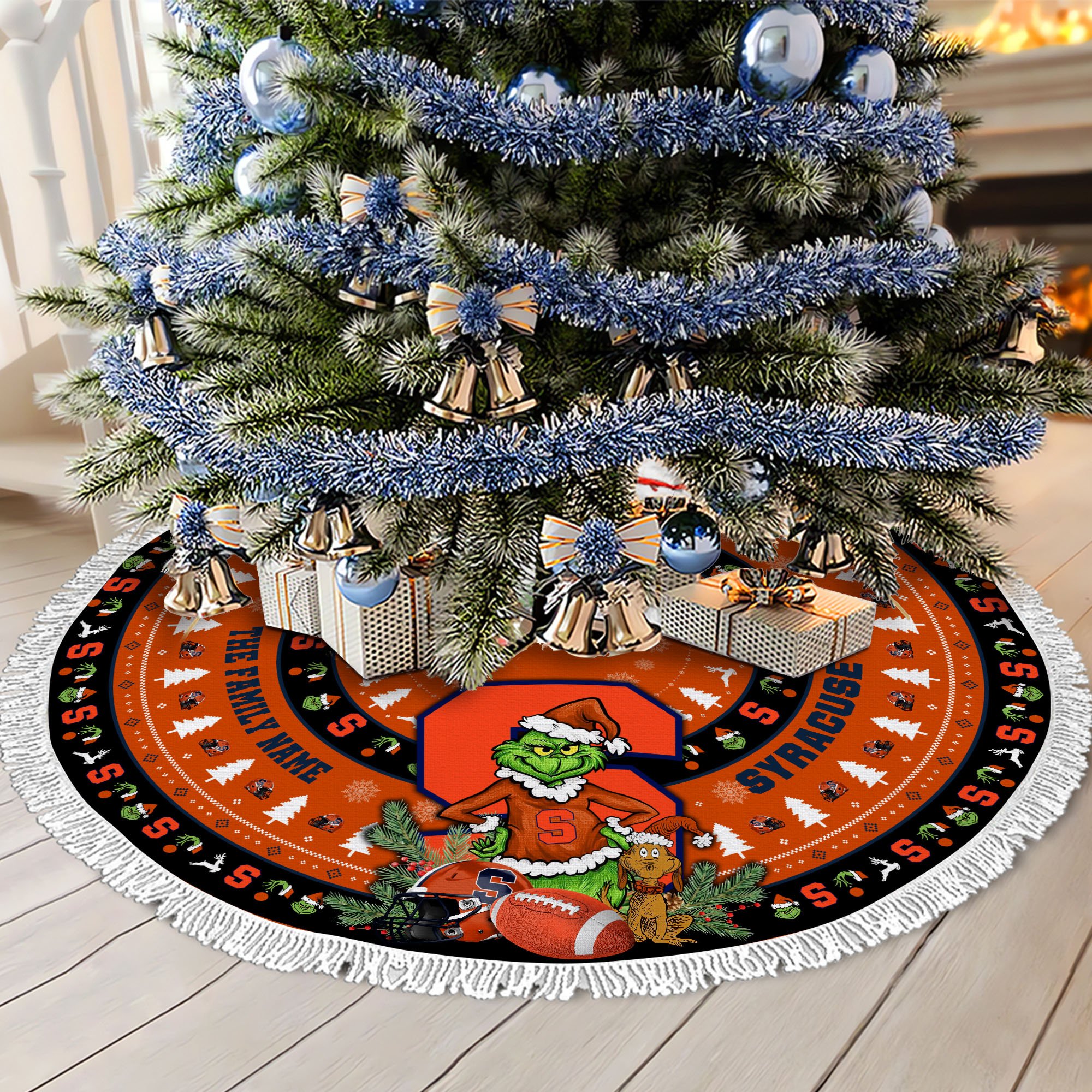 Syracuse Orange Tree Skirt Bordered Custom Family Name 2024 Version, Christmas Tree Skirt For Sport Fans, Christmas Decorations EHIVM-62779