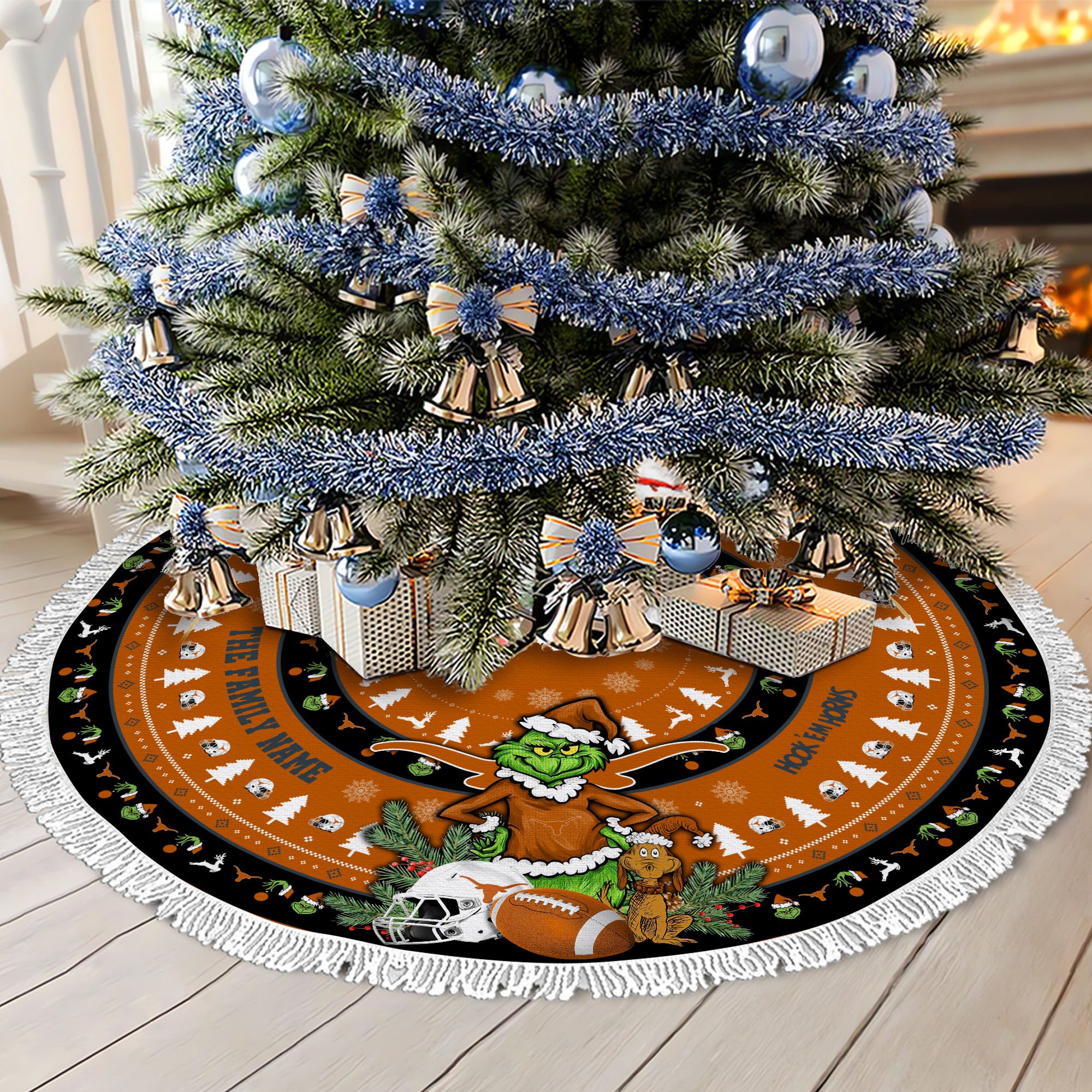 Texas Longhorns Tree Skirt Bordered Custom Family Name 2024 Version, Christmas Tree Skirt For Sport Fans, Christmas Decorations EHIVM-62779