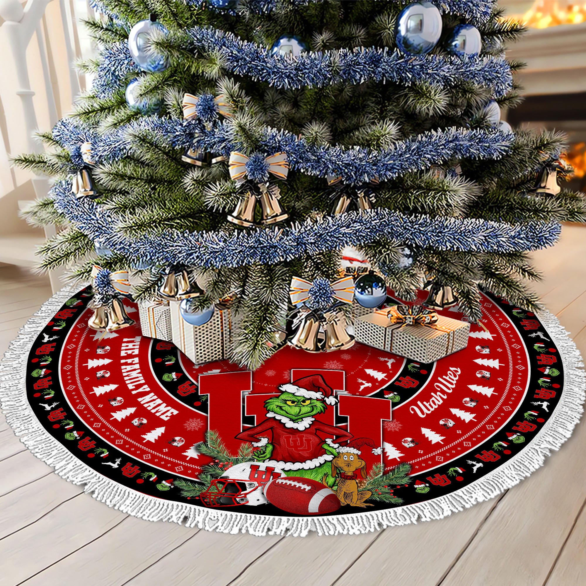 Utah Utes Tree Skirt Bordered Custom Family Name 2024 Version, Christmas Tree Skirt For Sport Fans, Christmas Decorations EHIVM-62779