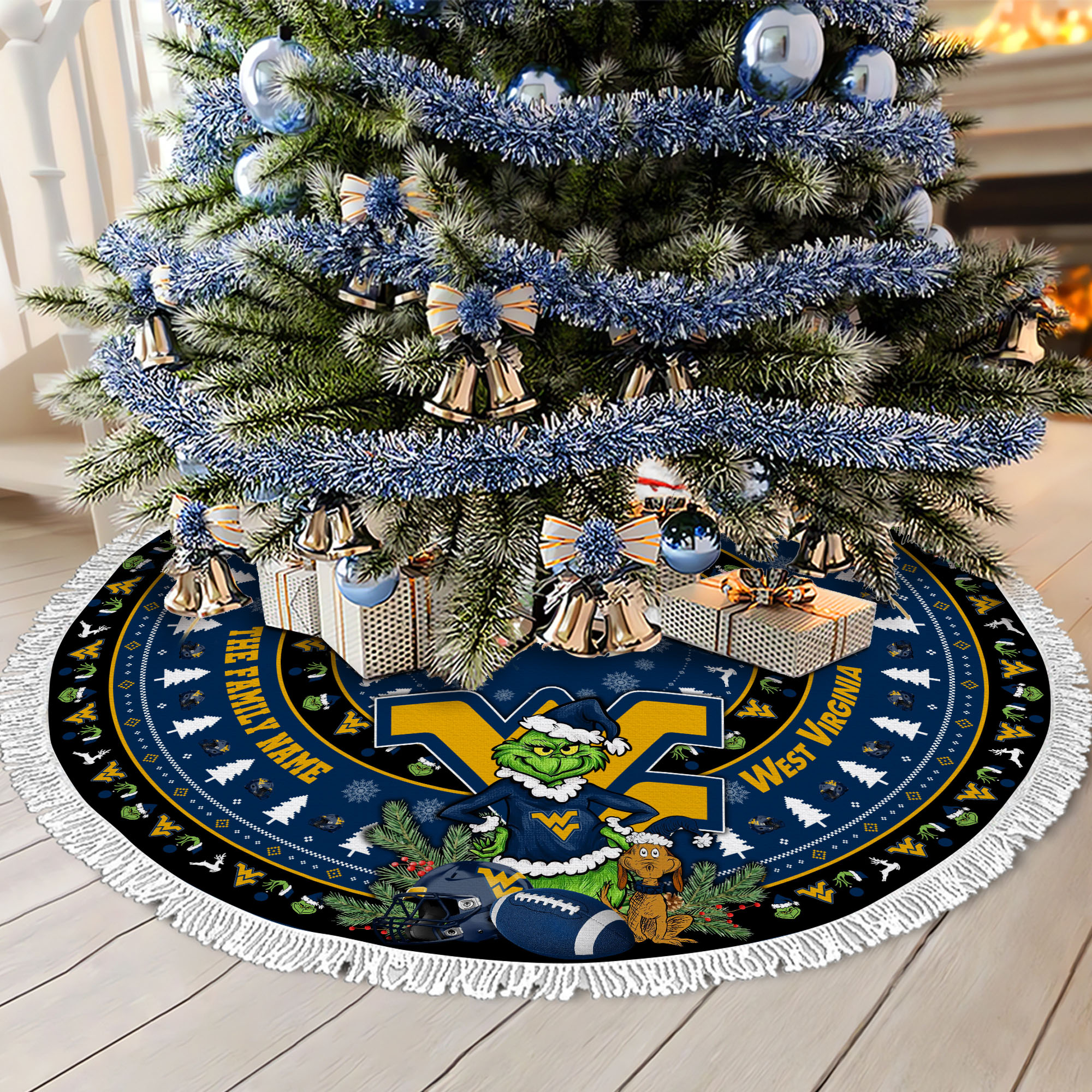 West Virginia Mountaineers Tree Skirt Bordered Custom Family Name 2024 Version, Christmas Tree Skirt For Sport Fans, Christmas Decorations EHIVM-62779