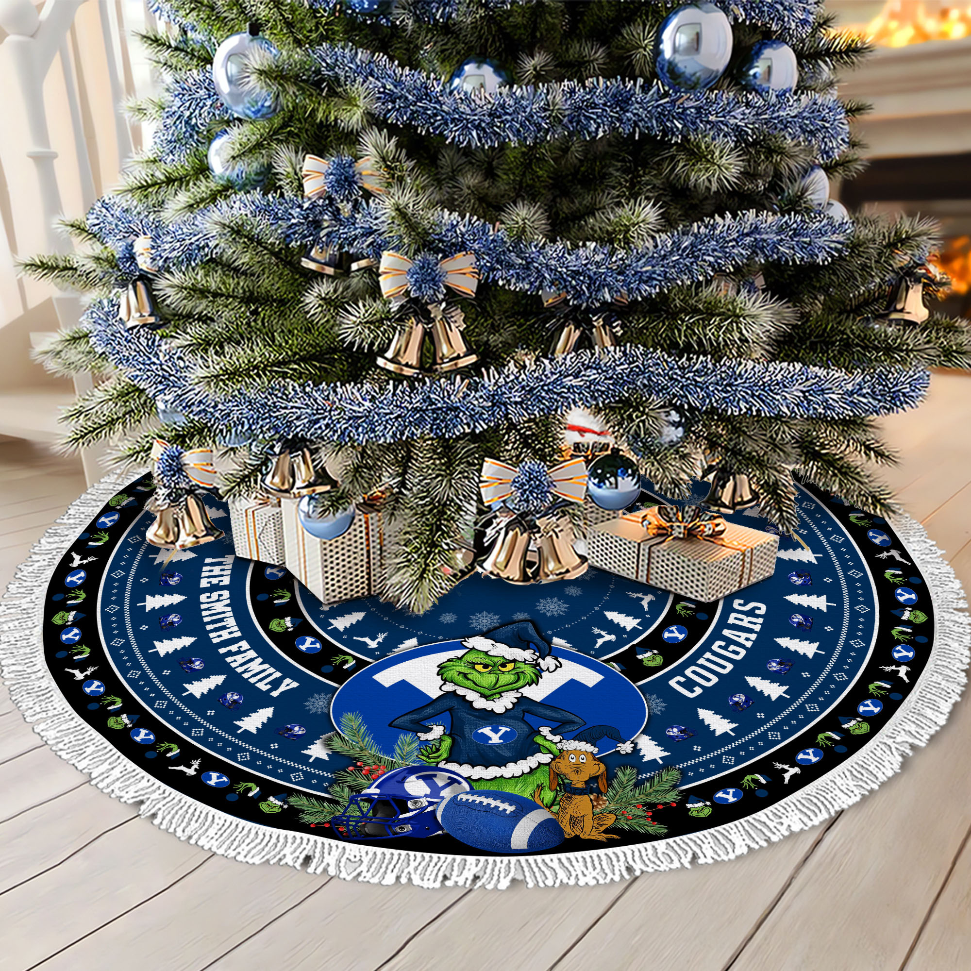 BYU Cougars Tree Skirt Bordered Custom Family Name 2024 Version, Christmas Tree Skirt For Sport Fans, Christmas Decorations EHIVM-62779