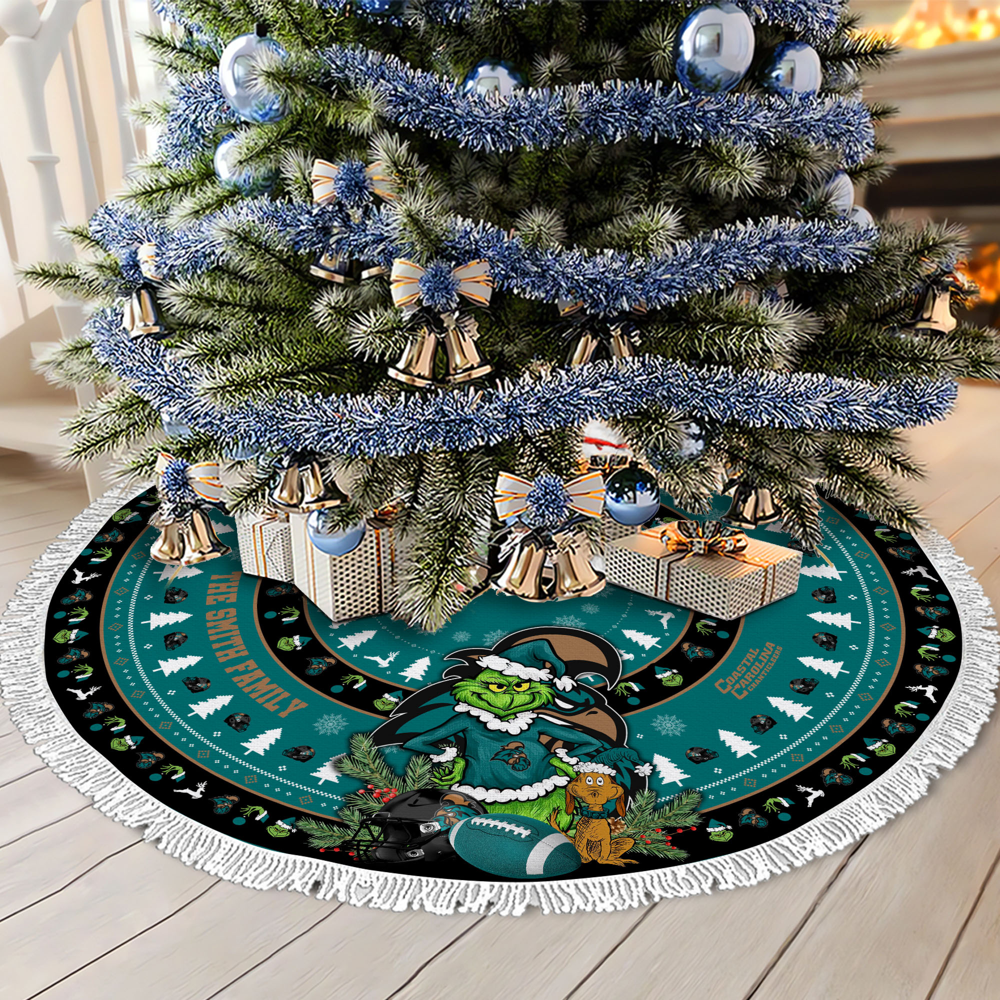 Coastal Carolina Chanticleers Tree Skirt Bordered Custom Family Name 2024 Version, Christmas Tree Skirt For Sport Fans, Christmas Decorations EHIVM-62779