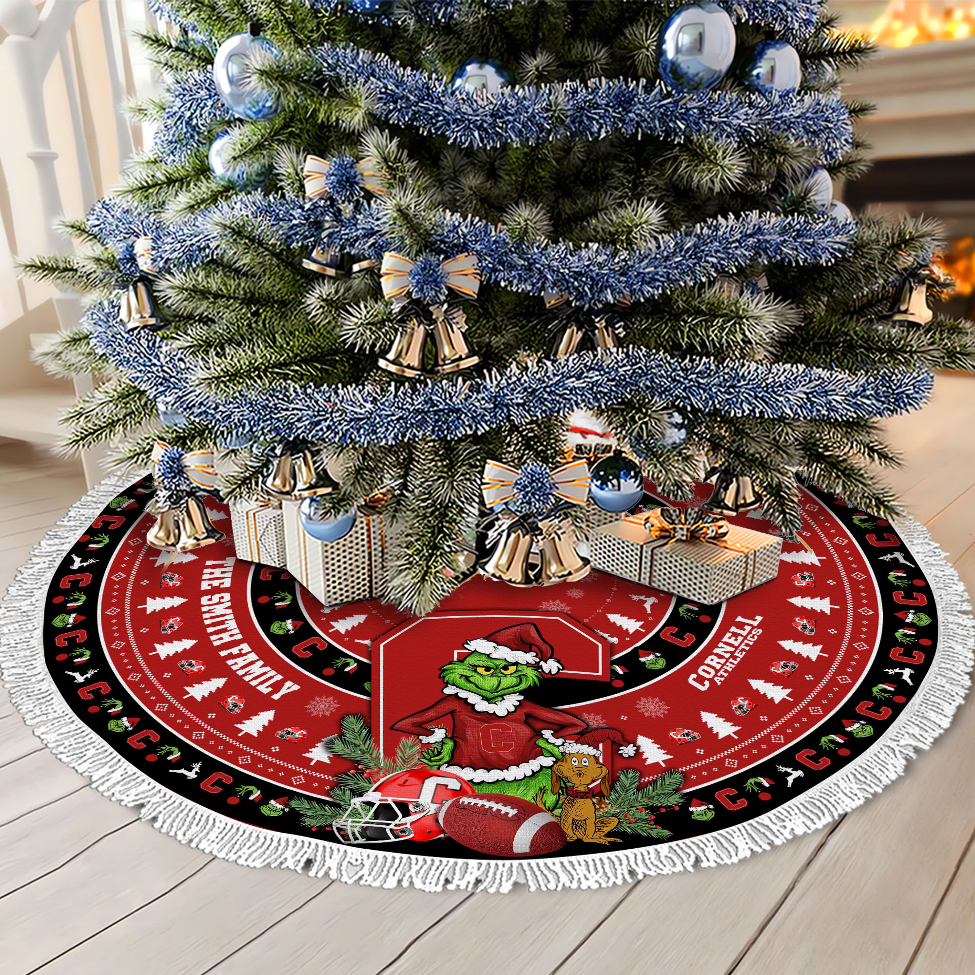 Cornell Big Red Tree Skirt Bordered Custom Family Name 2024 Version, Christmas Tree Skirt For Sport Fans, Christmas Decorations EHIVM-62779