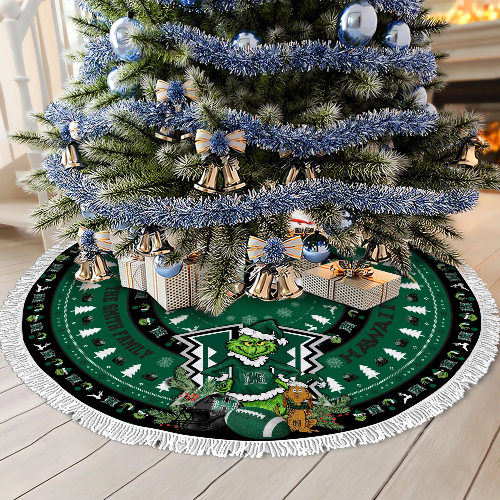 Hawaii Rainbow Warriors Tree Skirt Bordered Custom Family Name 2024 Version, Christmas Tree Skirt For Sport Fans, Christmas Decorations EHIVM-62779