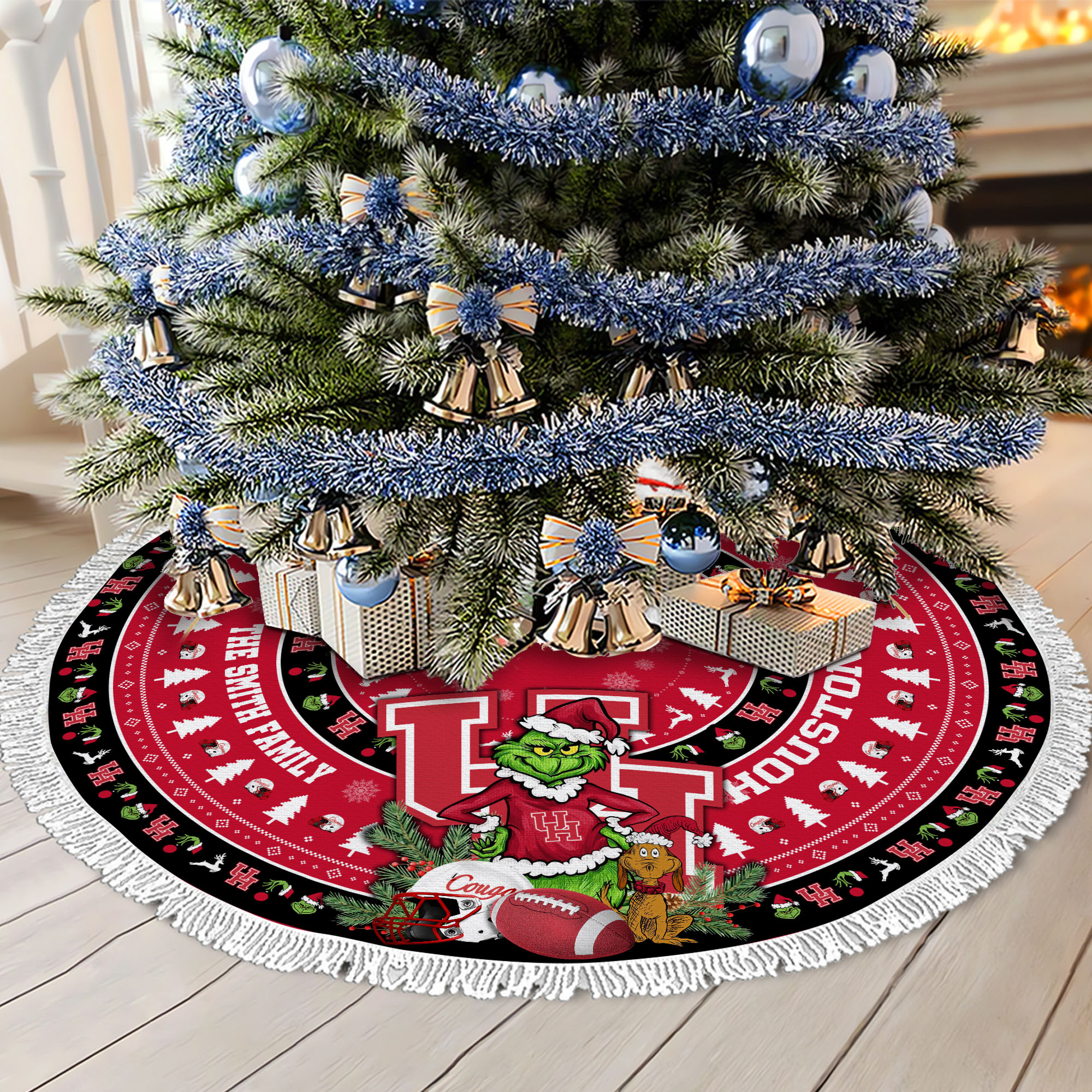 Houston Cougars Tree Skirt Bordered Custom Family Name 2024 Version, Christmas Tree Skirt For Sport Fans, Christmas Decorations EHIVM-62779