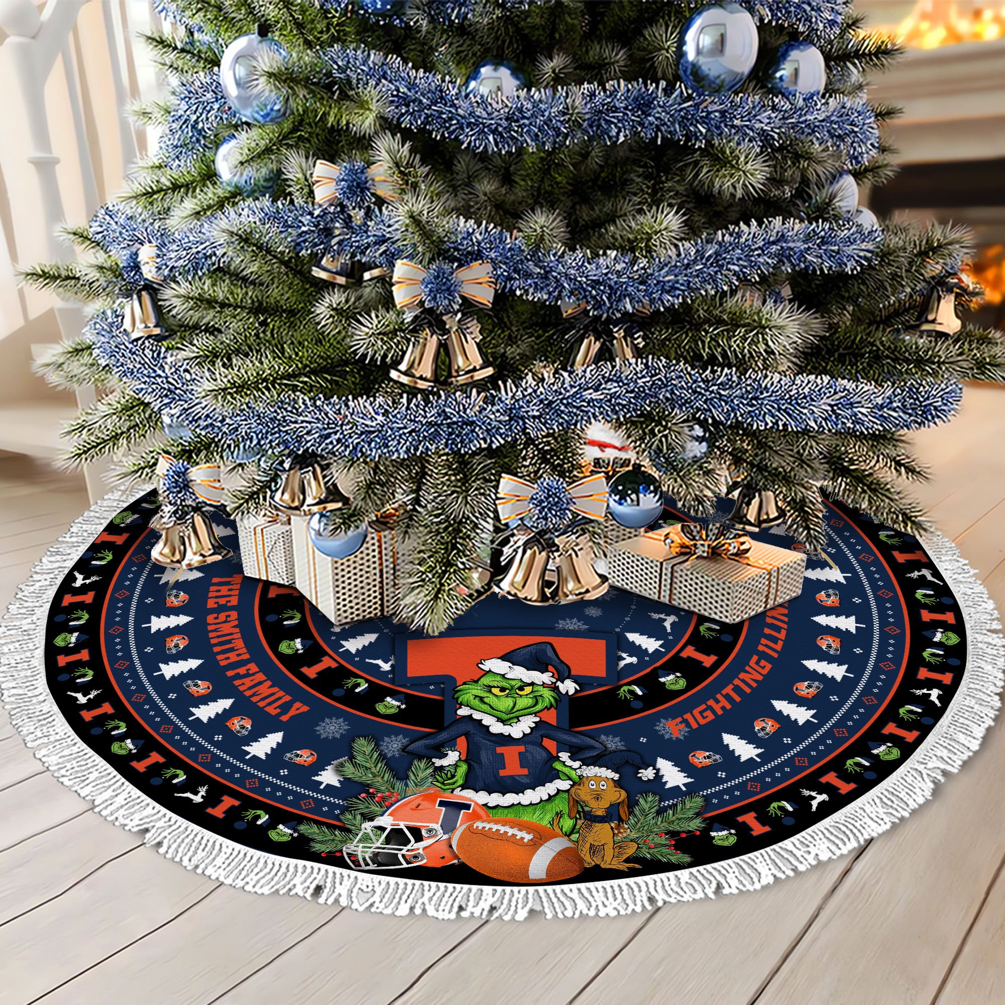 Illinois Fighting Illini Tree Skirt Bordered Custom Family Name 2024 Version, Christmas Tree Skirt For Sport Fans, Christmas Decorations EHIVM-62779