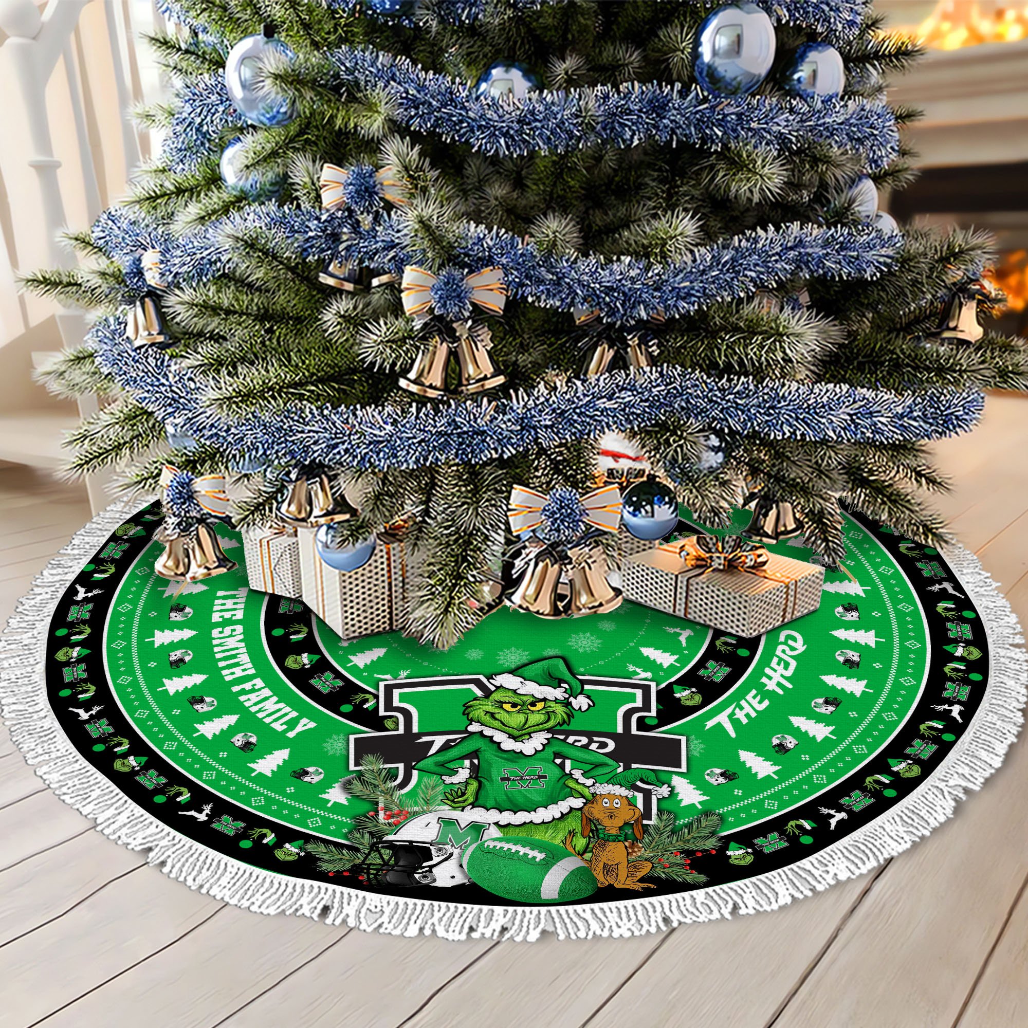 Marshall Thundering Herd Tree Skirt Bordered Custom Family Name 2024 Version, Christmas Tree Skirt For Sport Fans, Christmas Decorations EHIVM-62779