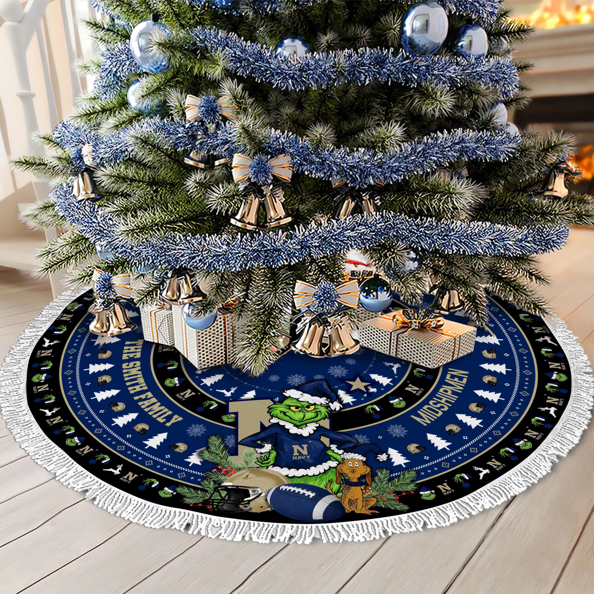 Navy Midshipmen Tree Skirt Bordered Custom Family Name 2024 Version, Christmas Tree Skirt For Sport Fans, Christmas Decorations EHIVM-62779