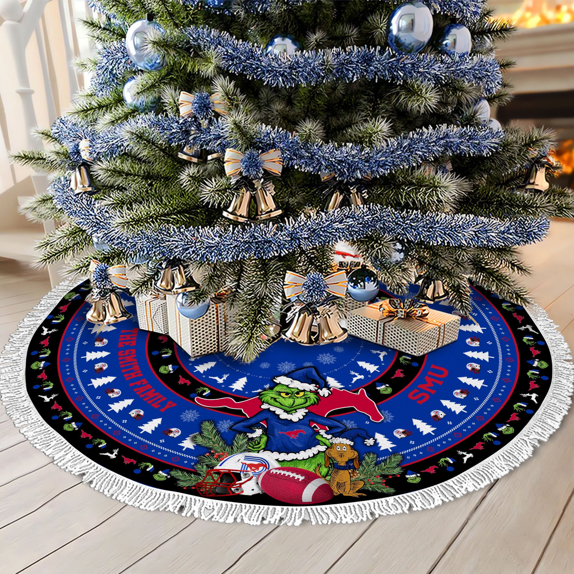 SMU Mustangs Tree Skirt Bordered Custom Family Name 2024 Version, Christmas Tree Skirt For Sport Fans, Christmas Decorations EHIVM-62779