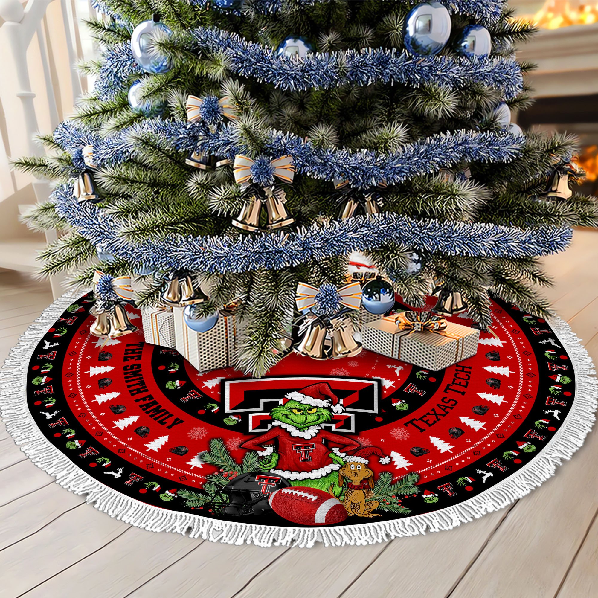 Texas Tech Red Raiders Tree Skirt Bordered Custom Family Name 2024 Version, Christmas Tree Skirt For Sport Fans, Christmas Decorations EHIVM-62779