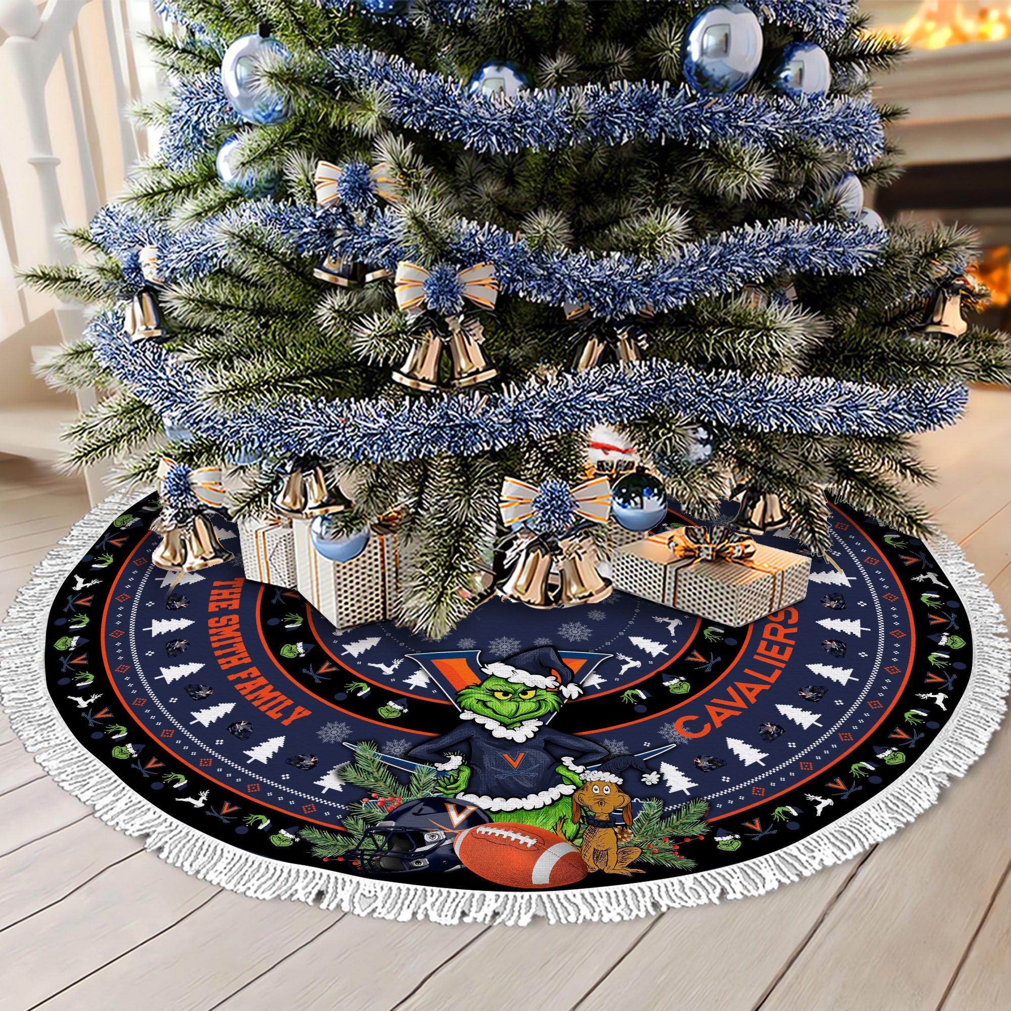 Virginia Cavaliers Tree Skirt Bordered Custom Family Name 2024 Version, Christmas Tree Skirt For Sport Fans, Christmas Decorations EHIVM-62779