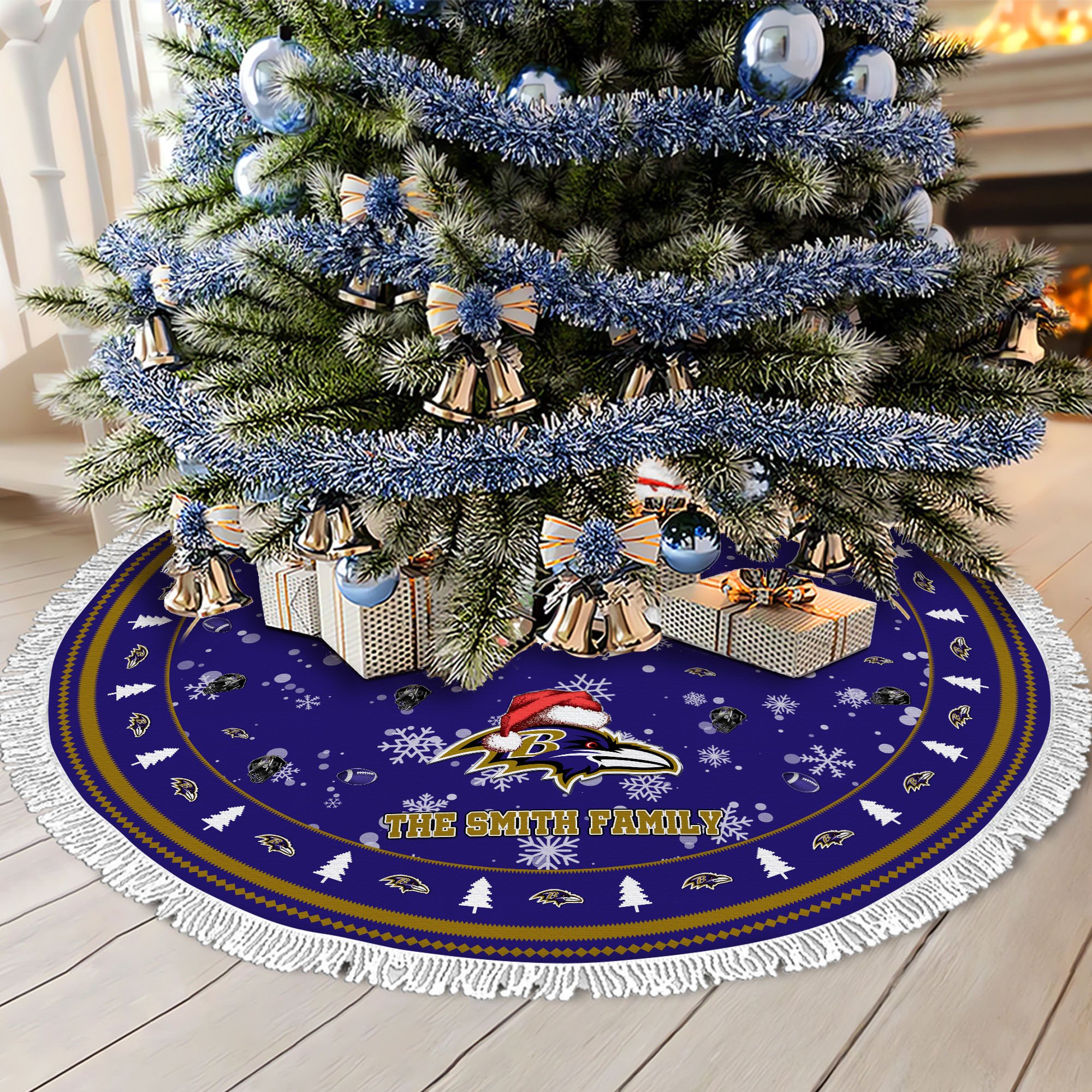 Baltimore Ravens Tree Skirt Bordered Custom Family Name 2024 Version, Christmas Tree Skirt For Sport Fans, Christmas Decorations EHIVM-62752