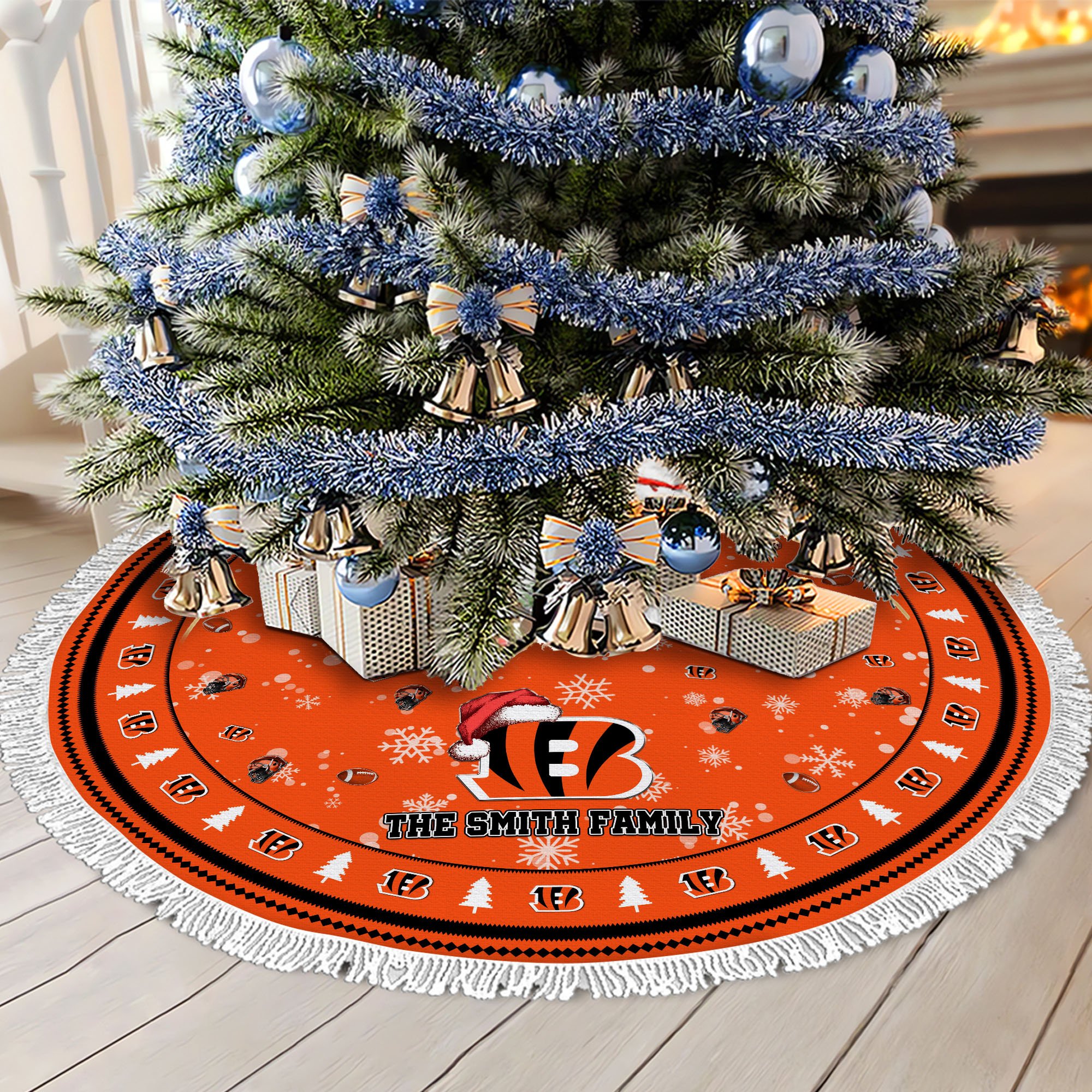 Cincinnati Bengals Tree Skirt Bordered Custom Family Name 2024 Version, Christmas Tree Skirt For Sport Fans, Christmas Decorations EHIVM-62752