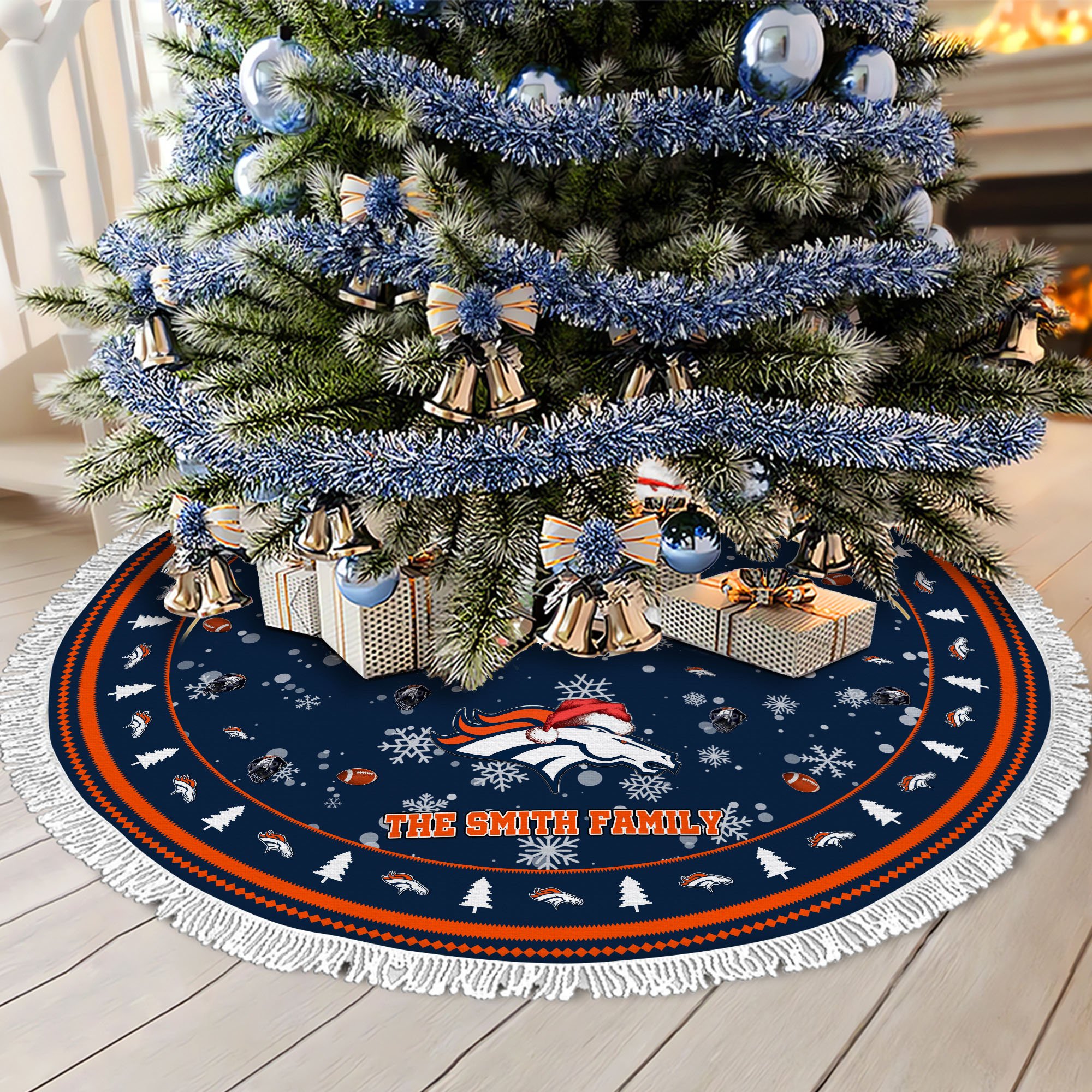 Denver Broncos Tree Skirt Bordered Custom Family Name 2024 Version, Christmas Tree Skirt For Sport Fans, Christmas Decorations EHIVM-62752