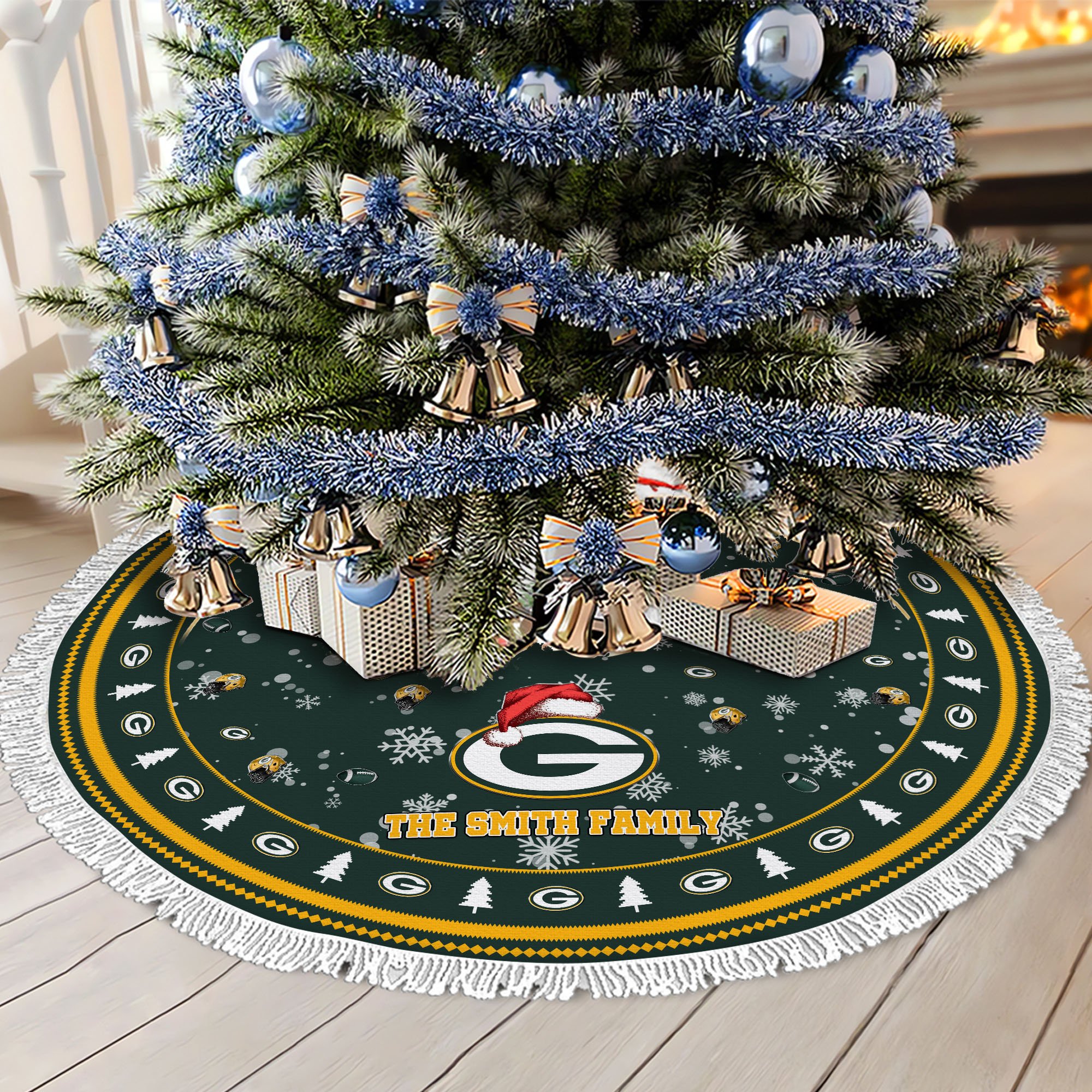 Green Bay Packers Tree Skirt Bordered Custom Family Name 2024 Version, Christmas Tree Skirt For Sport Fans, Christmas Decorations EHIVM-62752