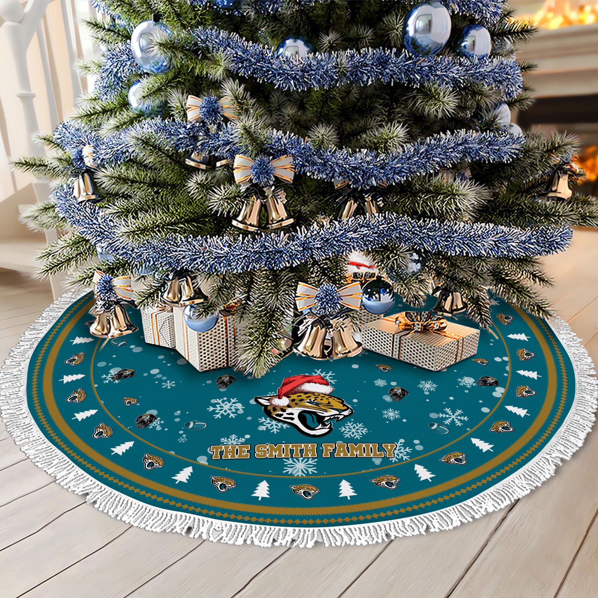 Jacksonville Jaguars Tree Skirt Bordered Custom Family Name 2024 Version, Christmas Tree Skirt For Sport Fans, Christmas Decorations EHIVM-62752