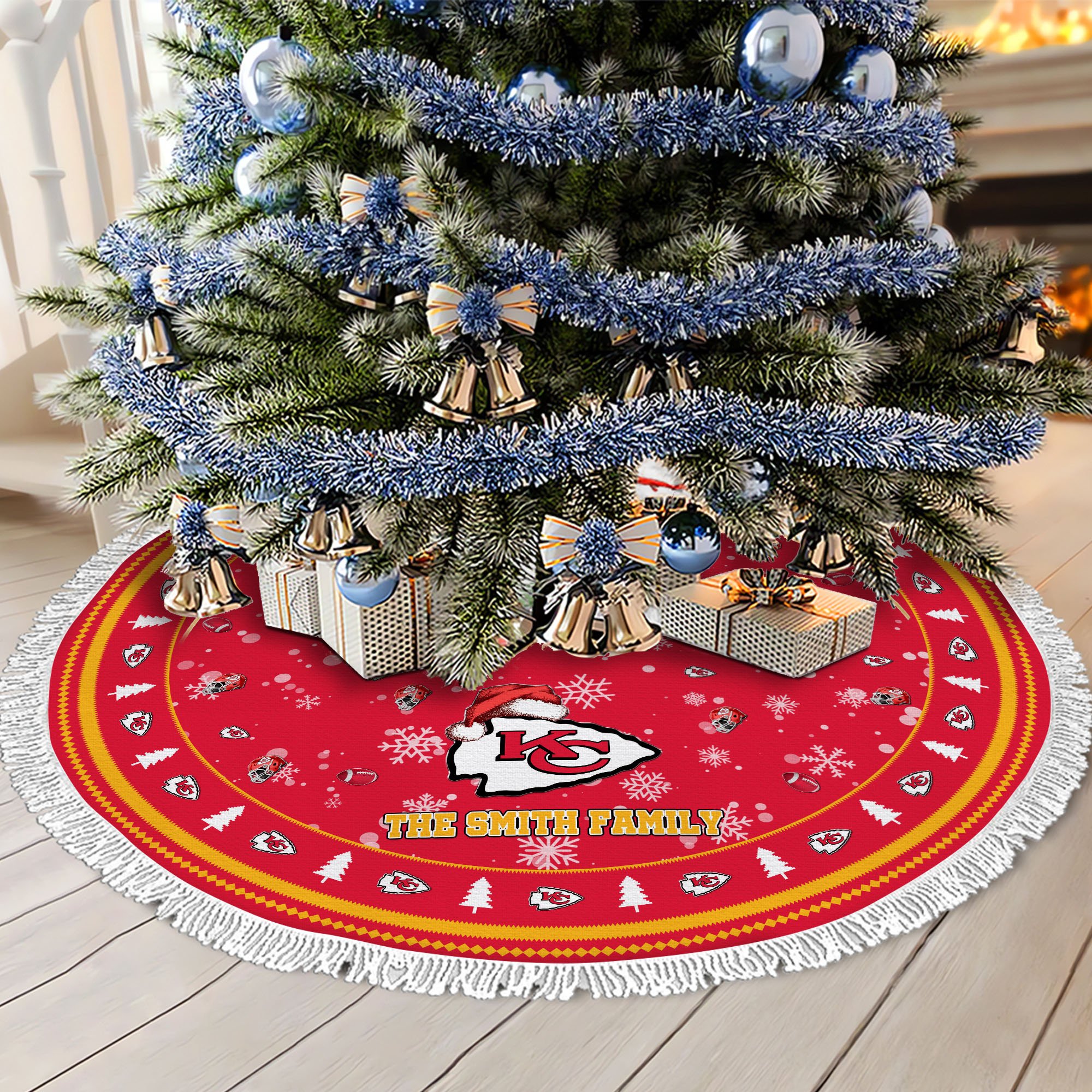 Kansas City Chiefs Tree Skirt Bordered Custom Family Name 2024 Version, Christmas Tree Skirt For Sport Fans, Christmas Decorations EHIVM-62752