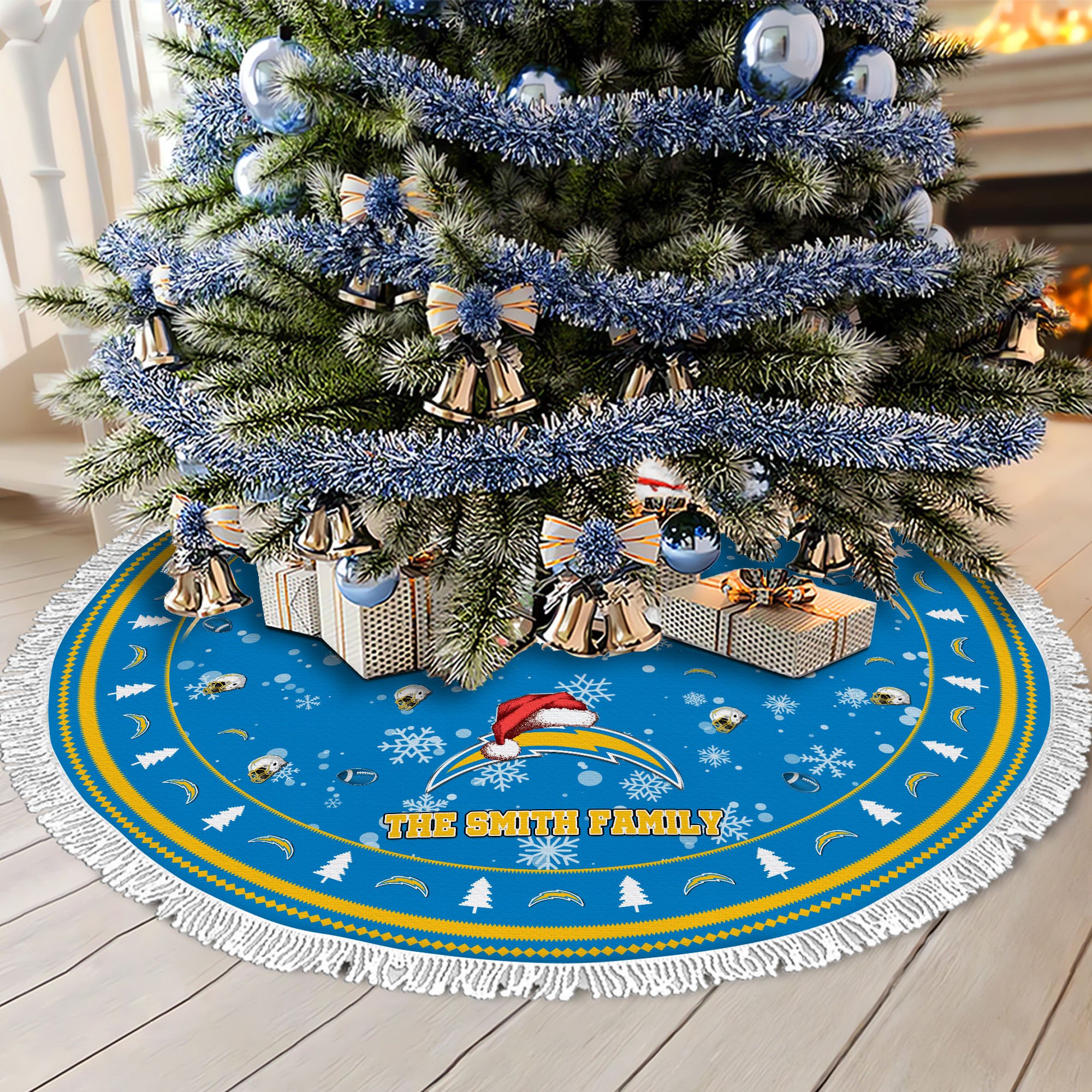 Los Angeles Chargers Tree Skirt Bordered Custom Family Name 2024 Version, Christmas Tree Skirt For Sport Fans, Christmas Decorations EHIVM-62752