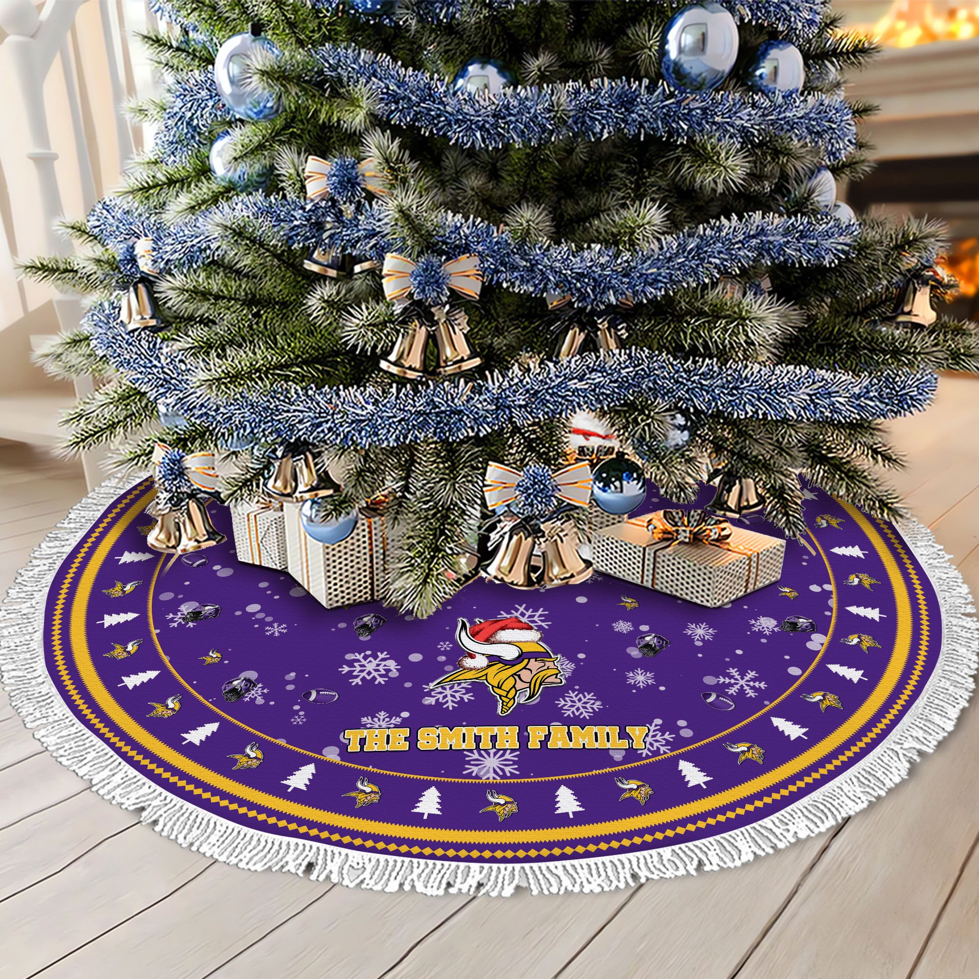 Minnesota Vikings Tree Skirt Bordered Custom Family Name 2024 Version, Christmas Tree Skirt For Sport Fans, Christmas Decorations EHIVM-62752