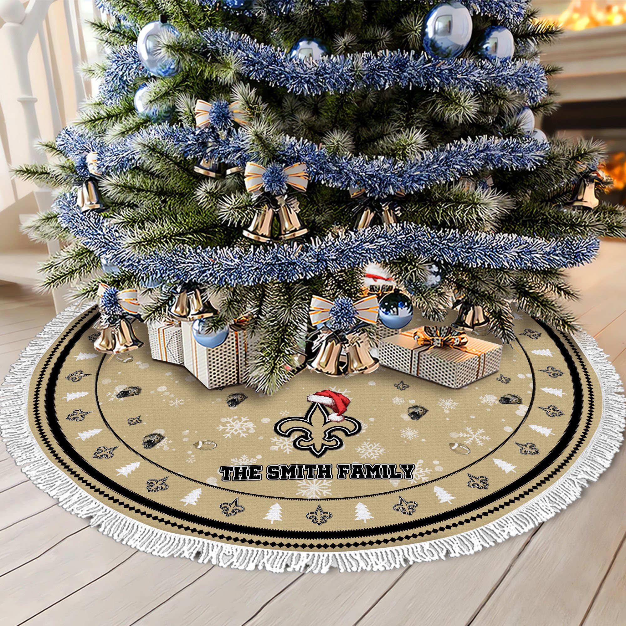 New Orleans Saints Tree Skirt Bordered Custom Family Name 2024 Version, Christmas Tree Skirt For Sport Fans, Christmas Decorations EHIVM-62752