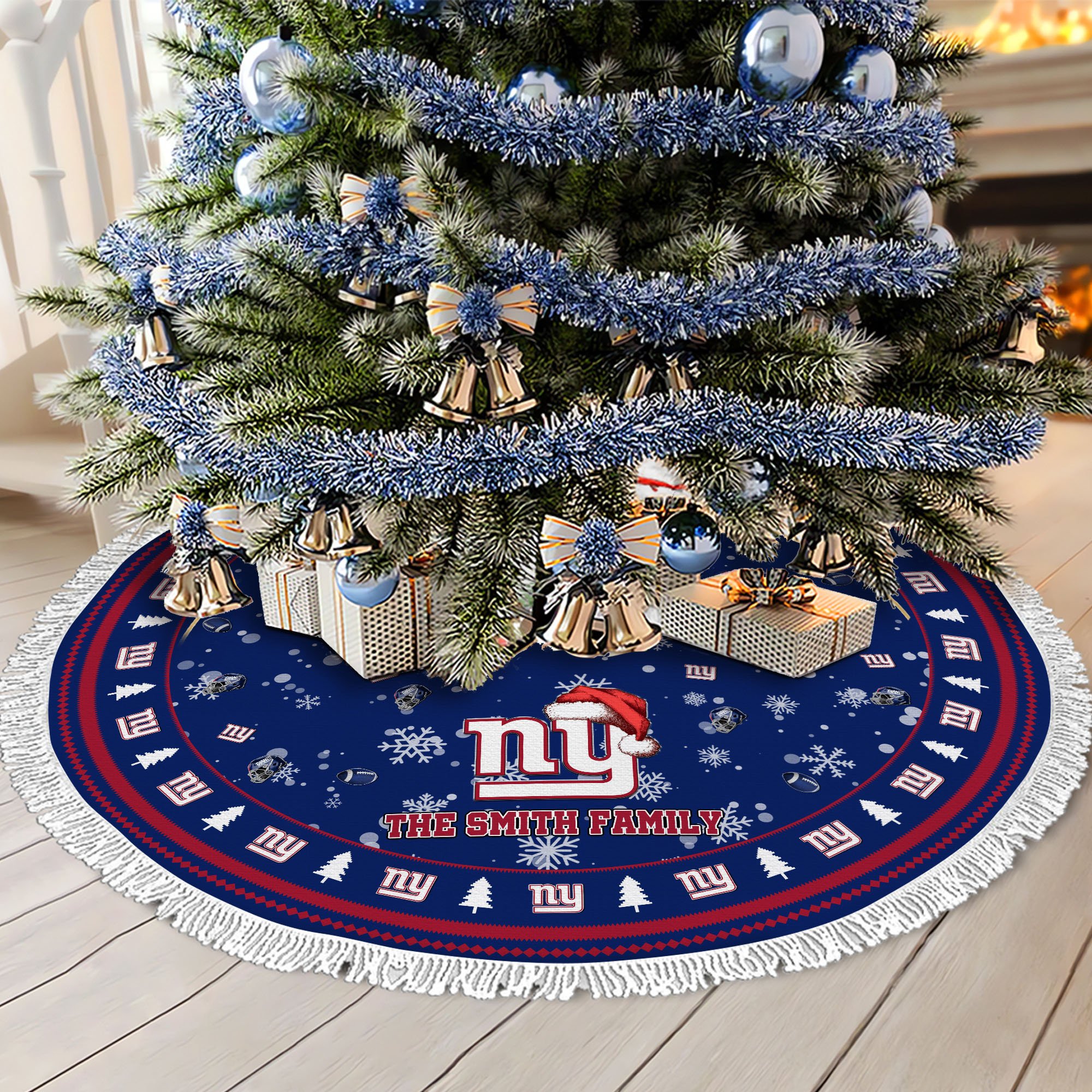 New York Giants Tree Skirt Bordered Custom Family Name 2024 Version, Christmas Tree Skirt For Sport Fans, Christmas Decorations EHIVM-62752